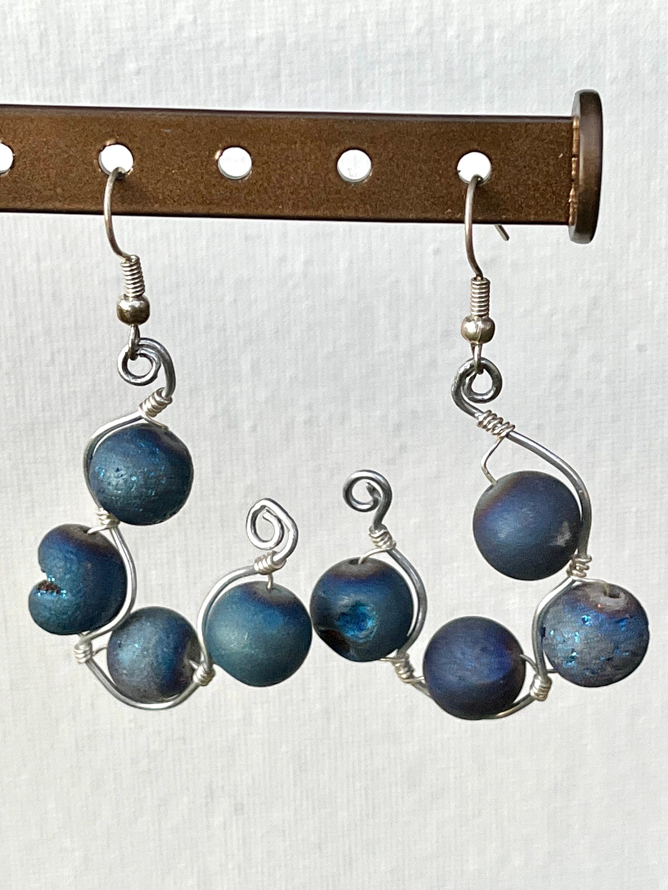 Wire Wrapped Hoop Earrings | Blue Agate Beaded Hoops