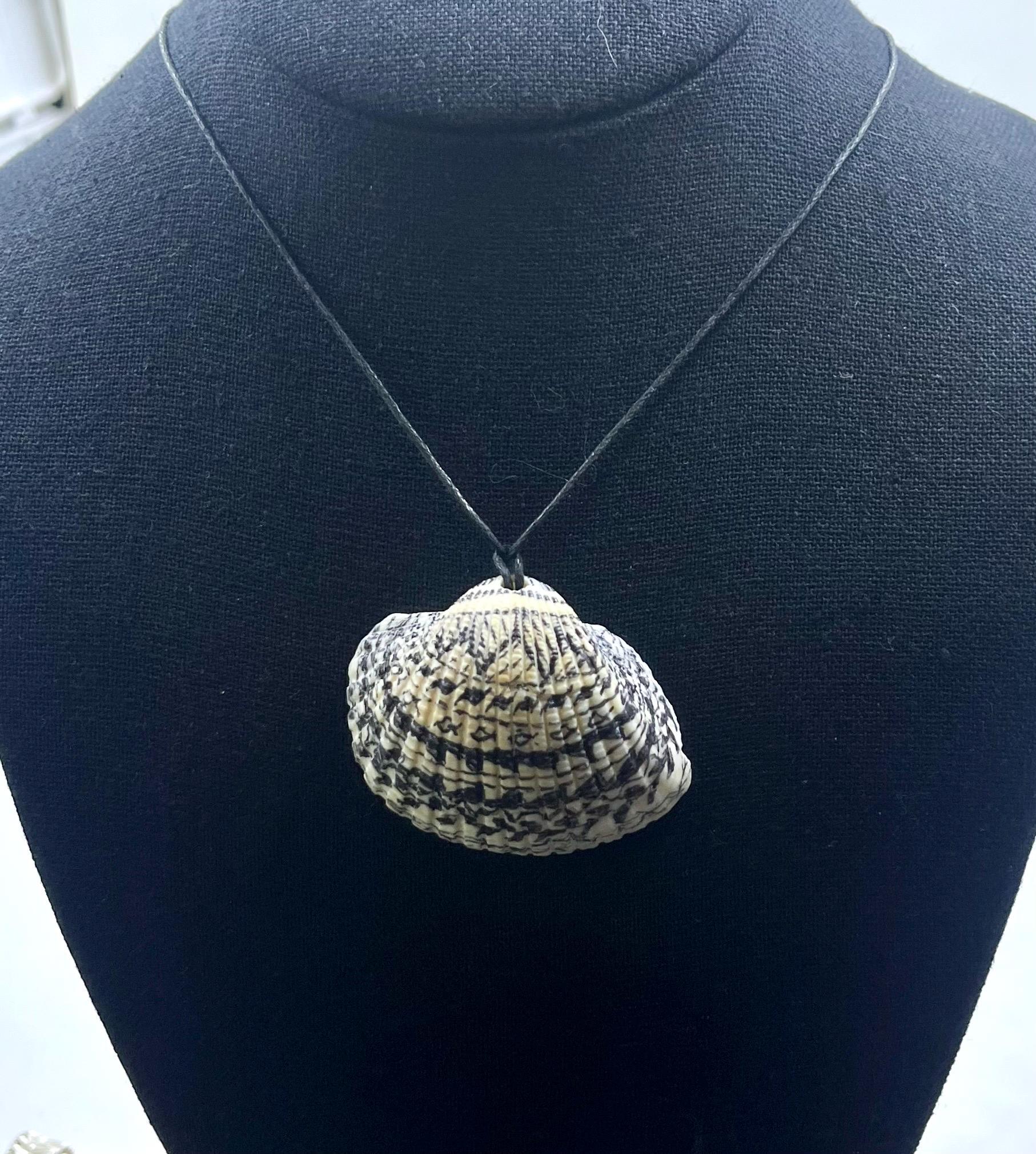 Gray Seashell Pendant with Black Decorations, Black Sharpie on Gray Clam Shell, Large Ocean accessory Pendant, Handrawn Real Shell Necklace