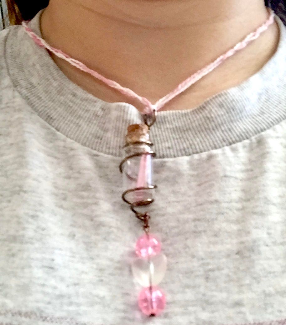 Pink Quartz Bottle Necklace | Mini Glass Vial Pendant | Romantic Heart Jewelry
