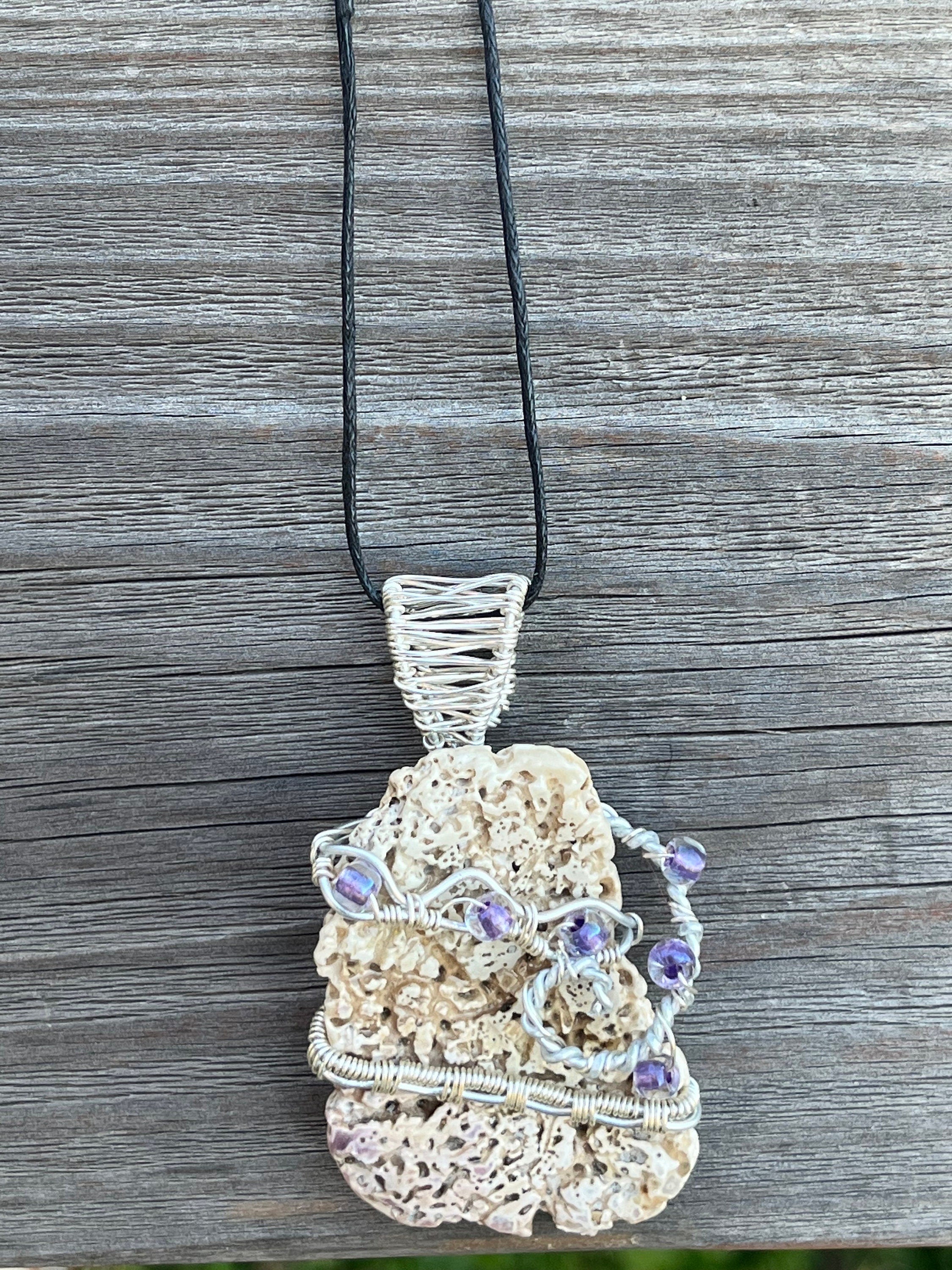 Shell Fragment Necklace | Wire Wrapped Shell with Purple Beads Pendant