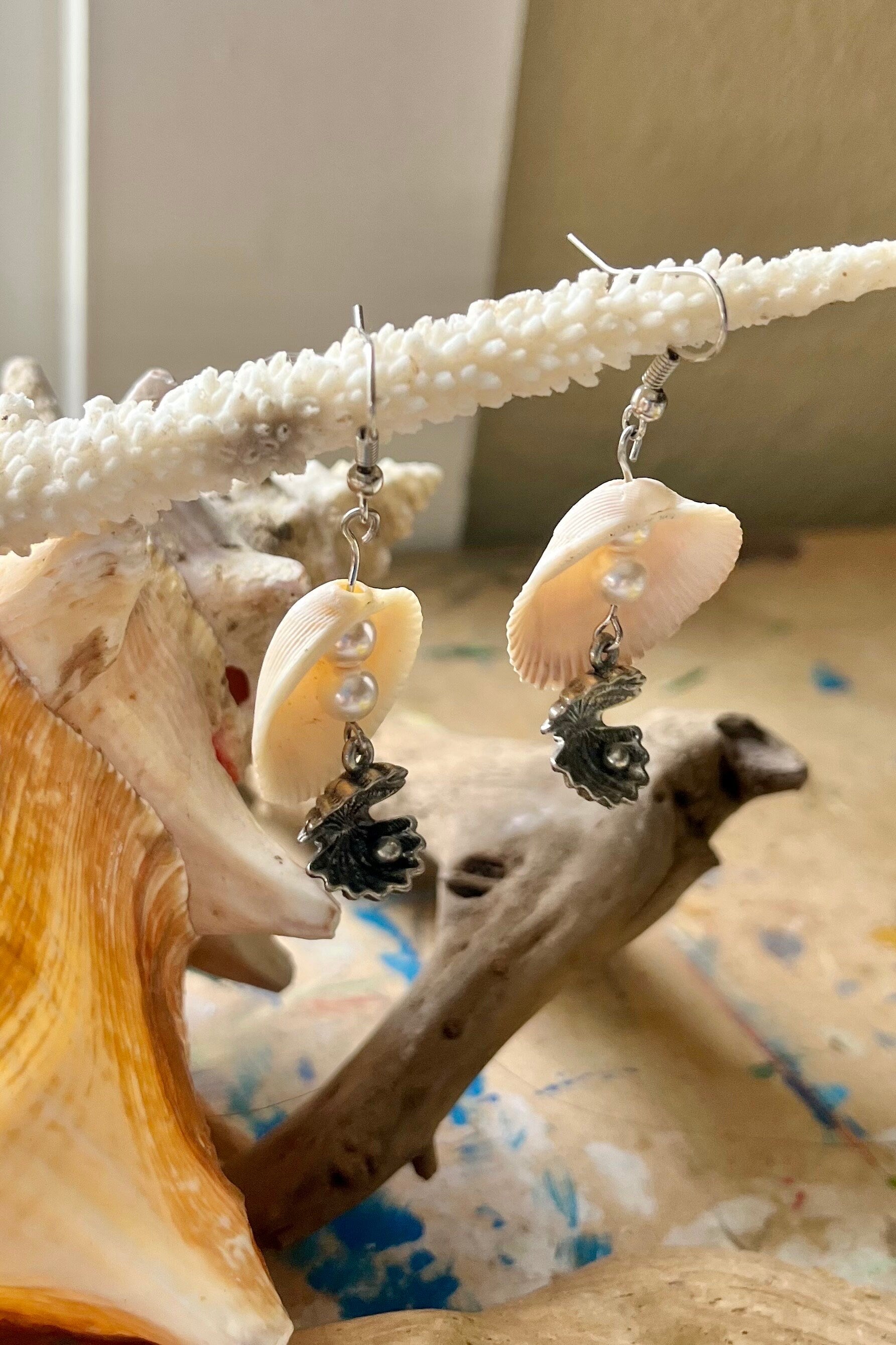 Shell & Pearl Earrings | Clam Shell Drops