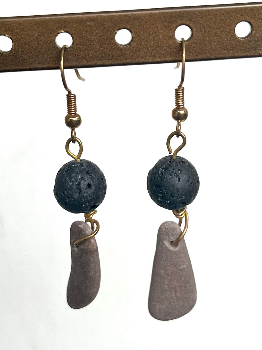 Volcanic Beads and River Rock Matching Set, Earrings and Matching Smooth River Stone and Aromatherapy Friendly Volcano Stone Beads