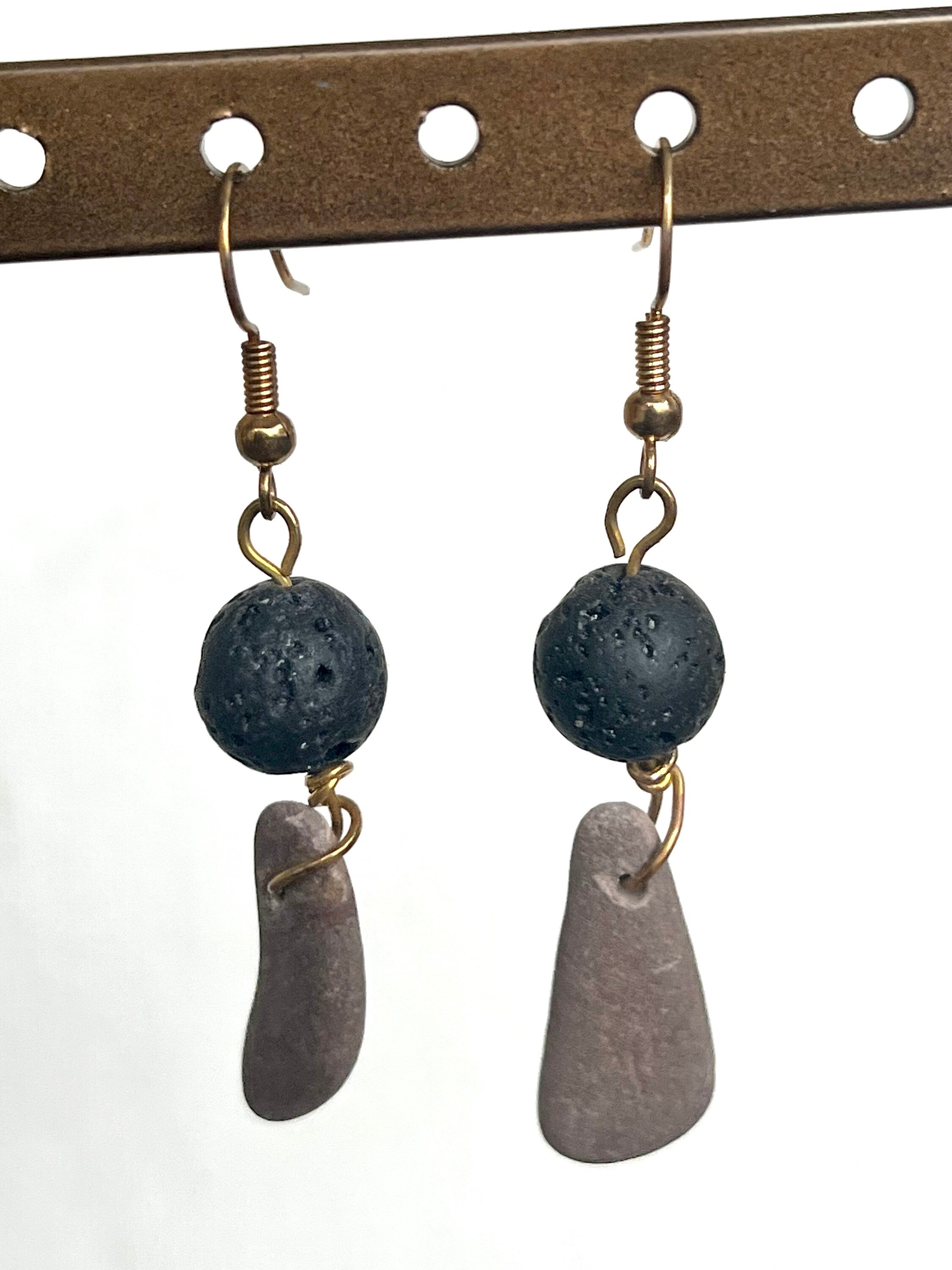 Volcanic Beads and River Rock Matching Set, Earrings and Matching Smooth River Stone and Aromatherapy Friendly Volcano Stone Beads