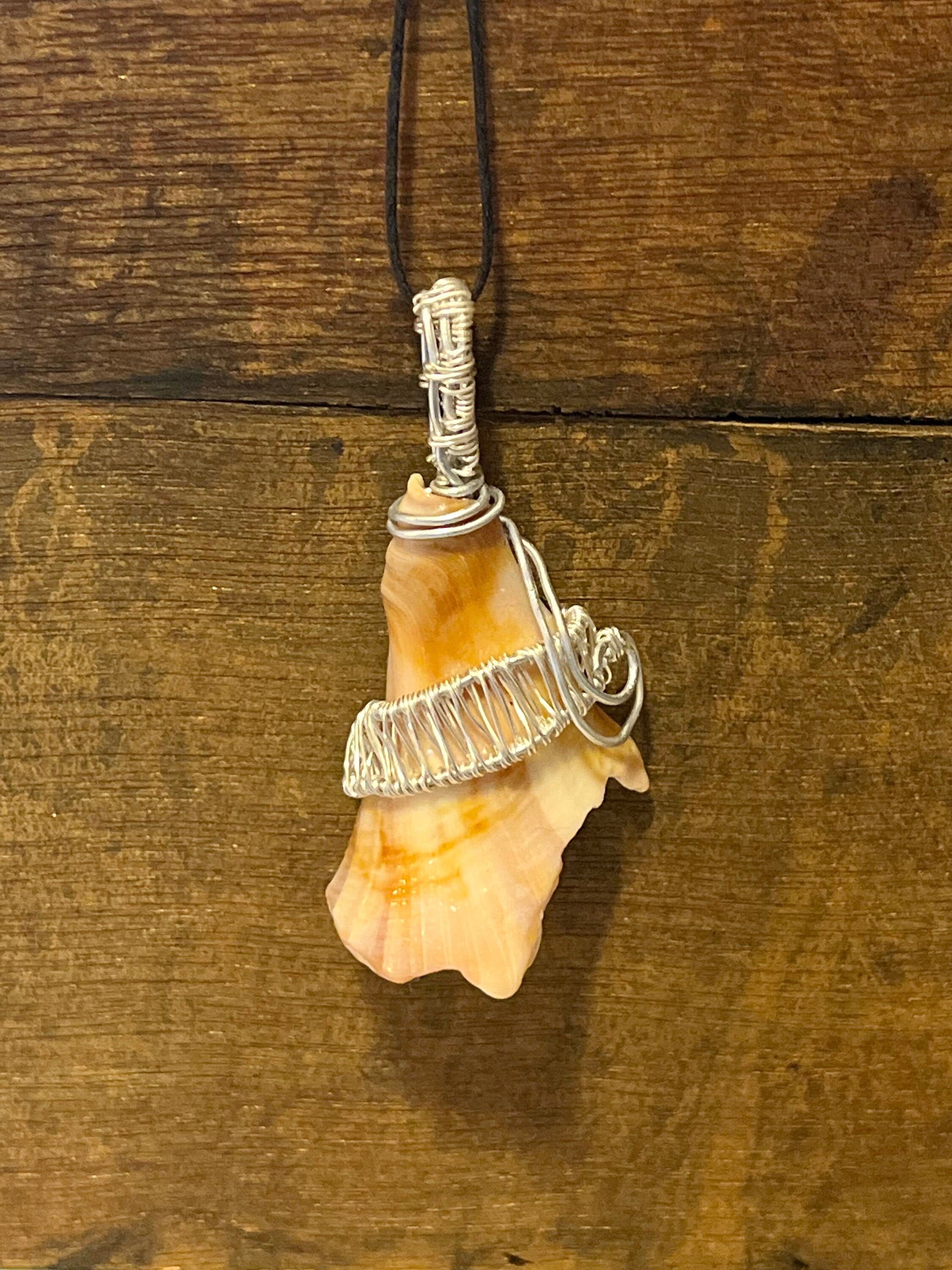 Wire Wrapped Orange Shell Fragment Pendant, Ocean Inspired Jewelry, Gift for Beach Lover, Statement Necklace, Authentic Shells