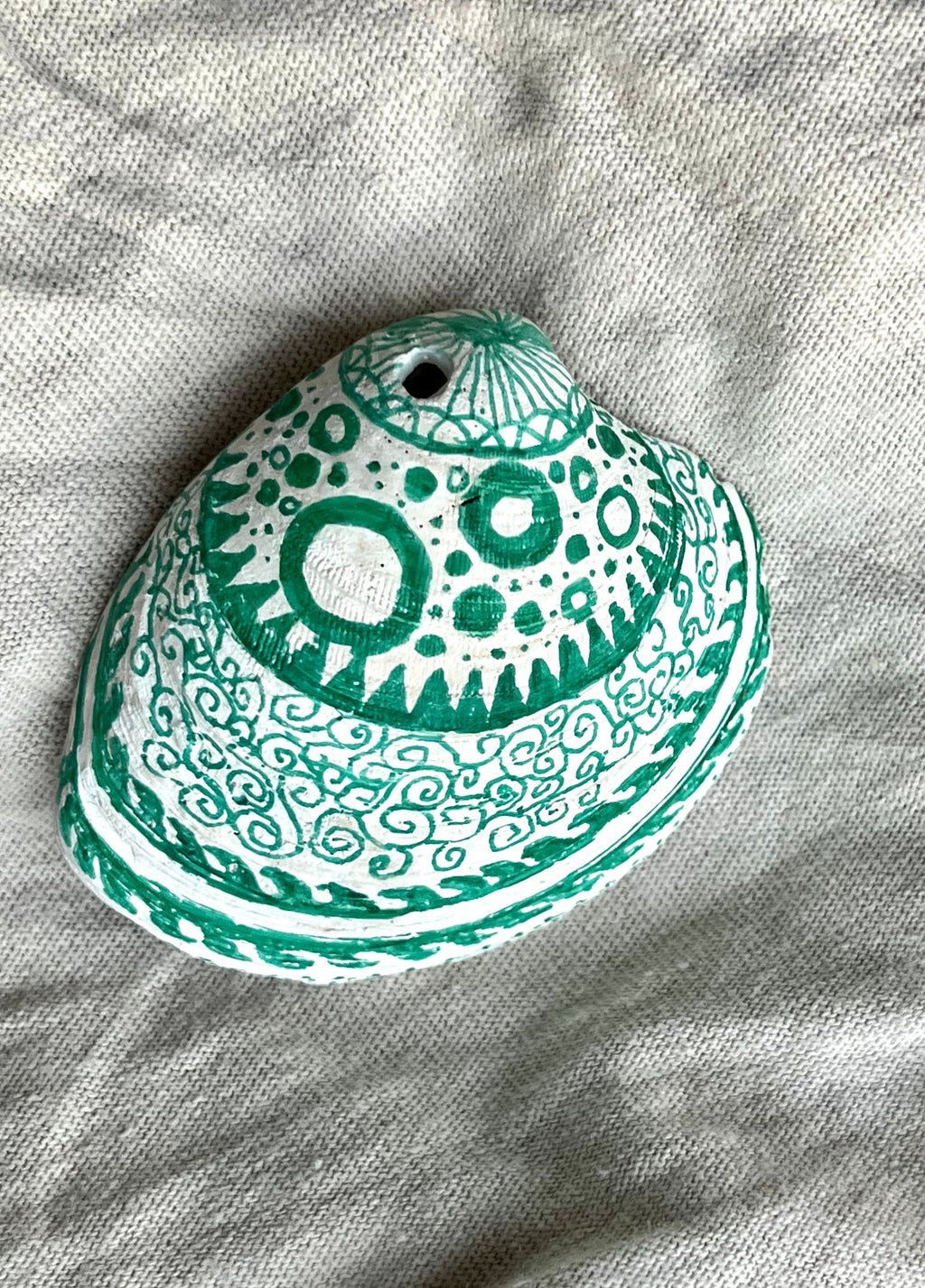 Decorated Shell Pendant | Hand Drawn Green Seashell Necklace