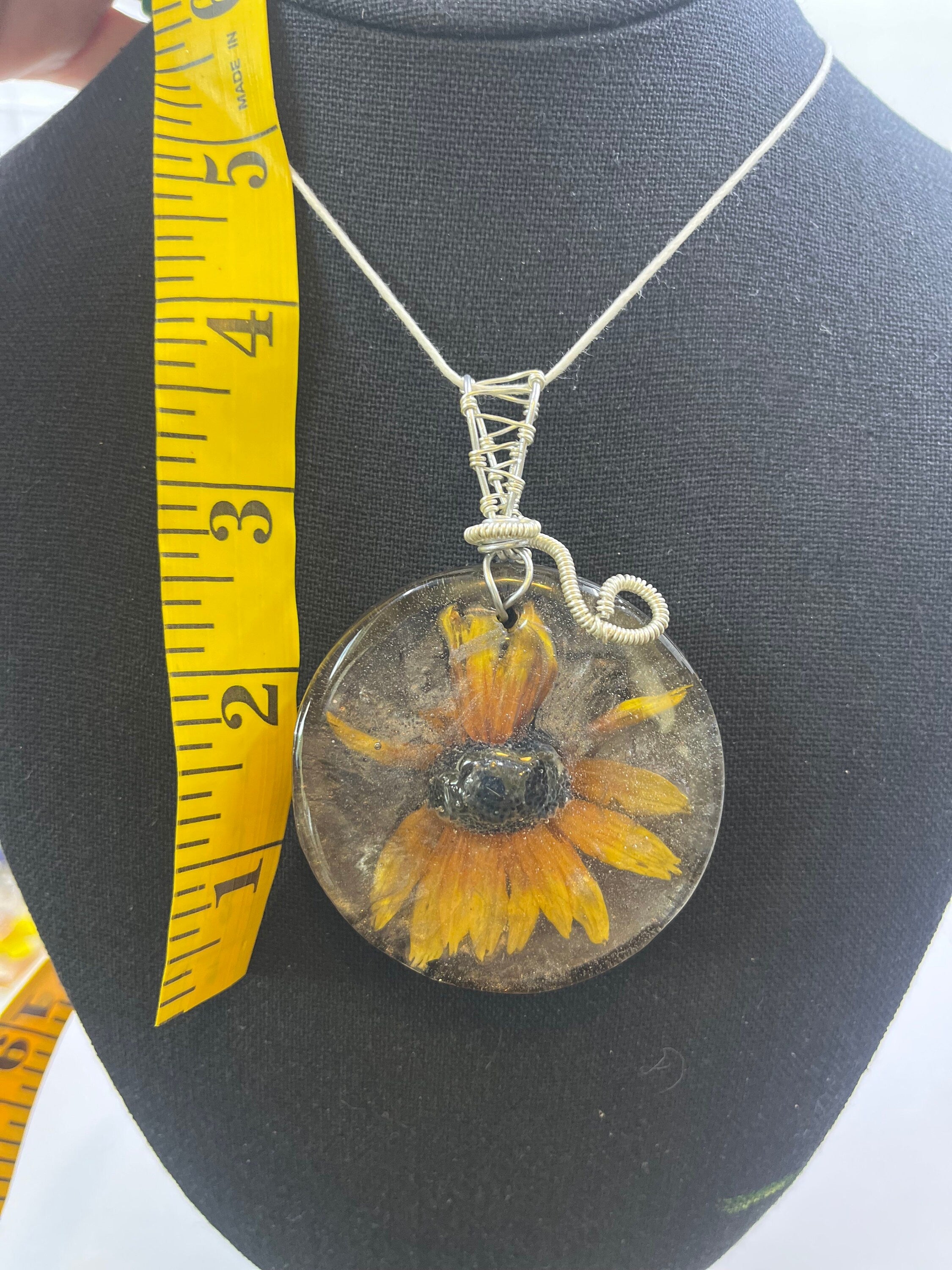 Black Eyed Susan Pendant, Flower in Resin Necklace with Wire Wrap, One of Kind Floral Statement Jewelry, Real Yellow Flower Necklace