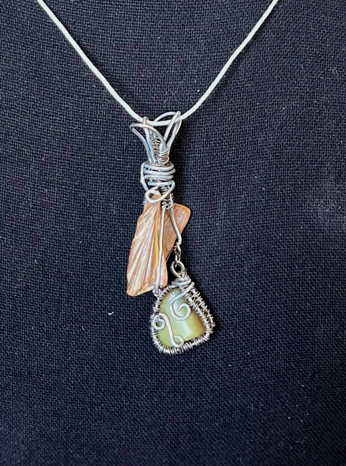 Wire Wrapped Green Opal and Shell Fragment, Wire Wrapped Pendant Necklace, Statement Jewelry, Gift for Her
