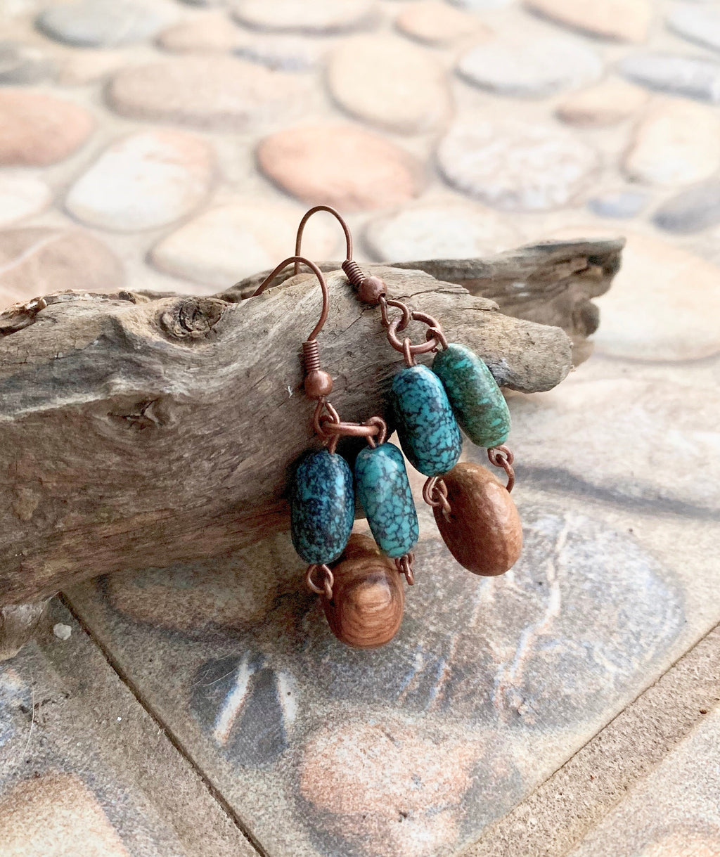 Turquoise & Olive Wood Earrings | Handmade Dangle Earrings