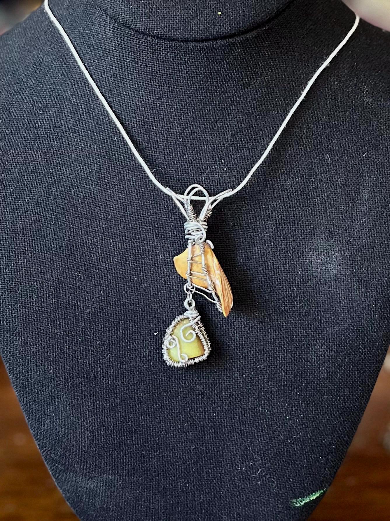 Wire Wrapped Green Opal and Shell Fragment, Wire Wrapped Pendant Necklace, Statement Jewelry, Gift for Her