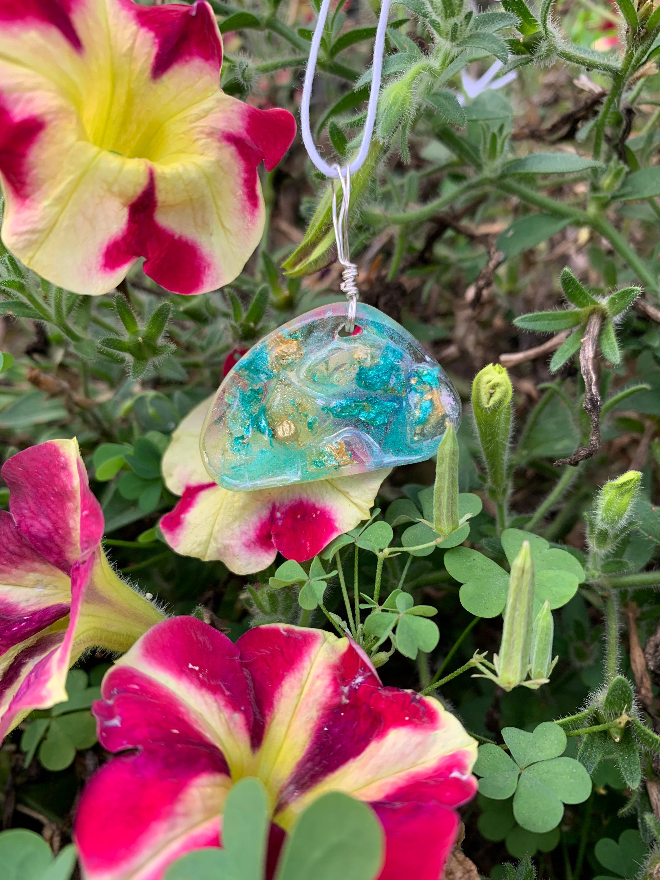 Colorful Resin Pendant Necklace, Teal and Gold Ink Colored Resin Jewelry, Abstract Art Necklace, Jewelry Gift for Her