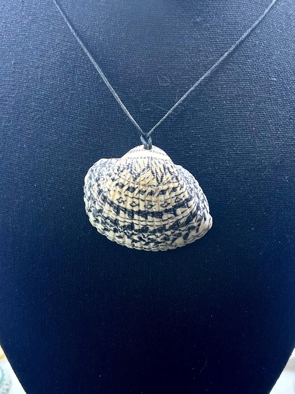 Gray Seashell Pendant with Black Decorations, Black Sharpie on Gray Clam Shell, Large Ocean accessory Pendant, Handrawn Real Shell Necklace