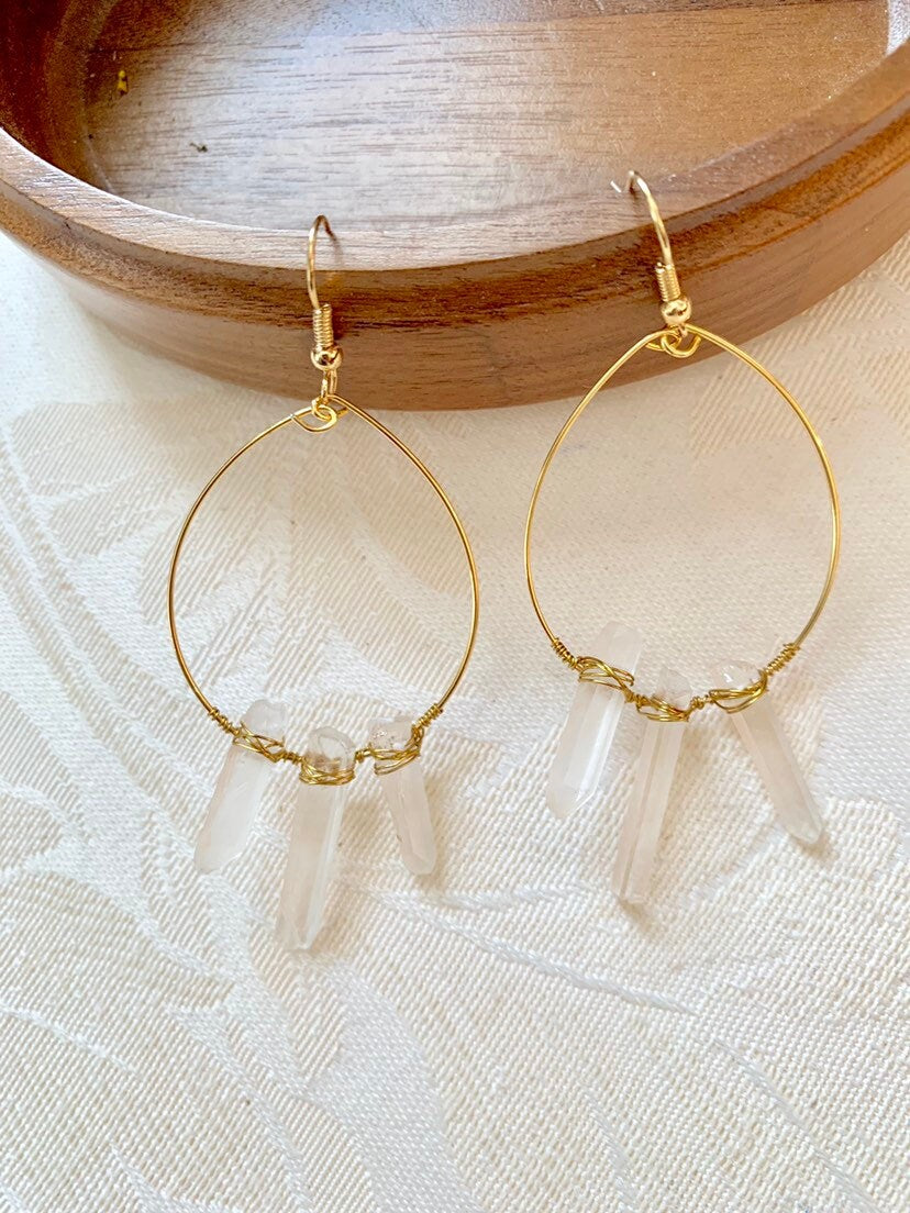 Quartz Crystal Gold Hoop Earrings, Real Quartz Drop Earrings, Gold Colored Wire, Bohemian Jewelry, Minimalist Jewelry