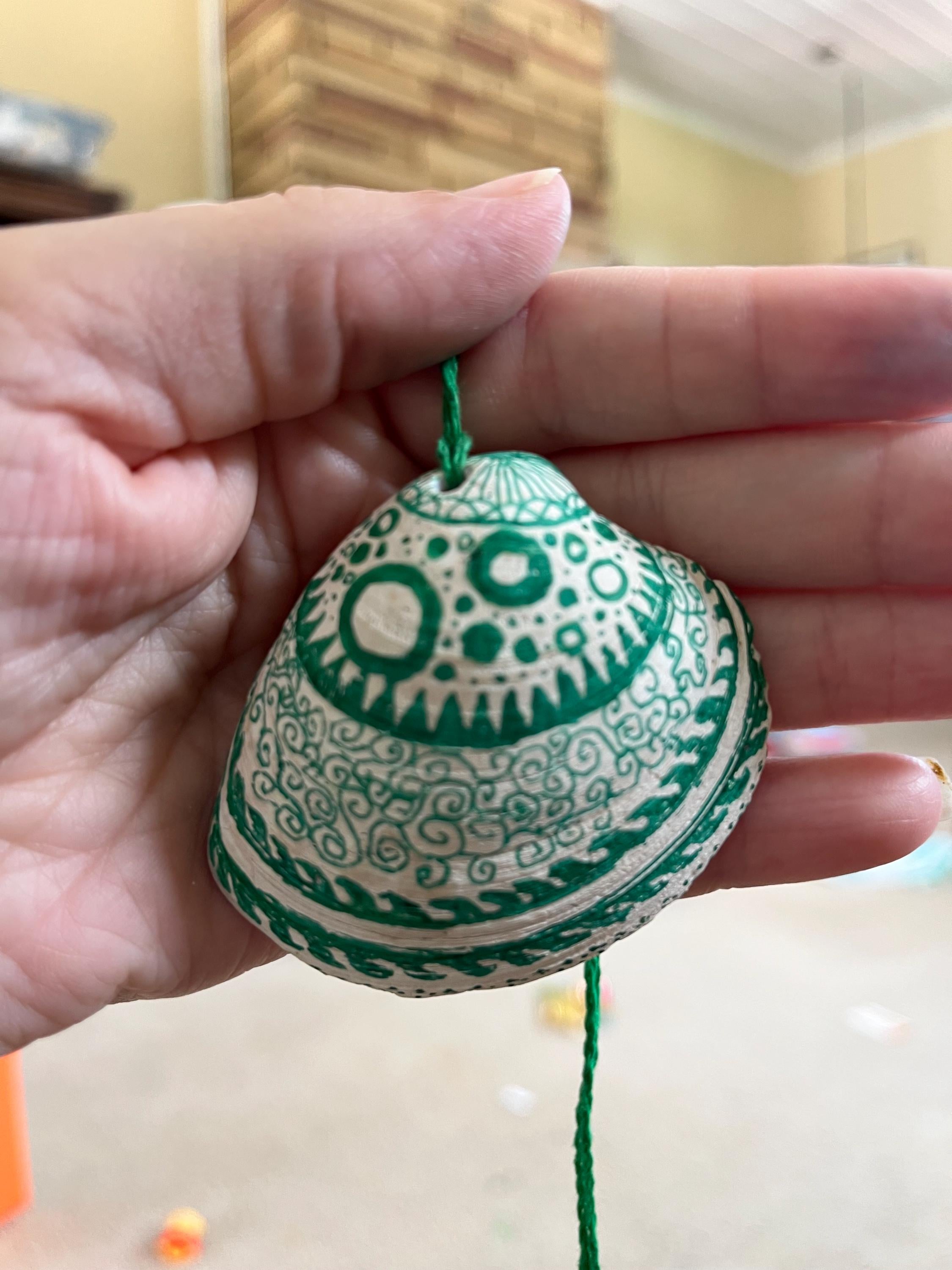 Decorated Shell Pendant | Hand Drawn Green Seashell Necklace
