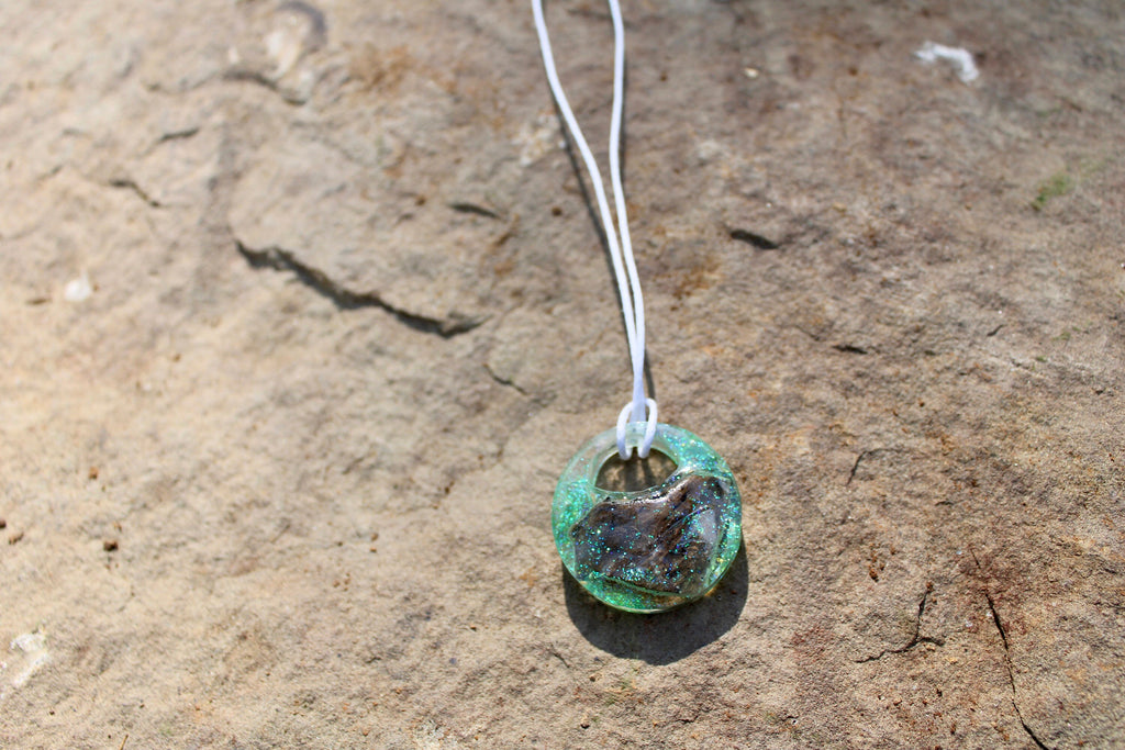 Wooden Resin Pendant | Green Glitter Resin Necklace
