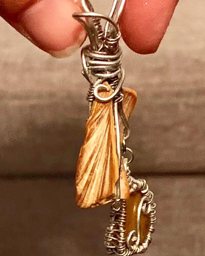 Wire Wrapped Green Opal and Shell Fragment, Wire Wrapped Pendant Necklace, Statement Jewelry, Gift for Her