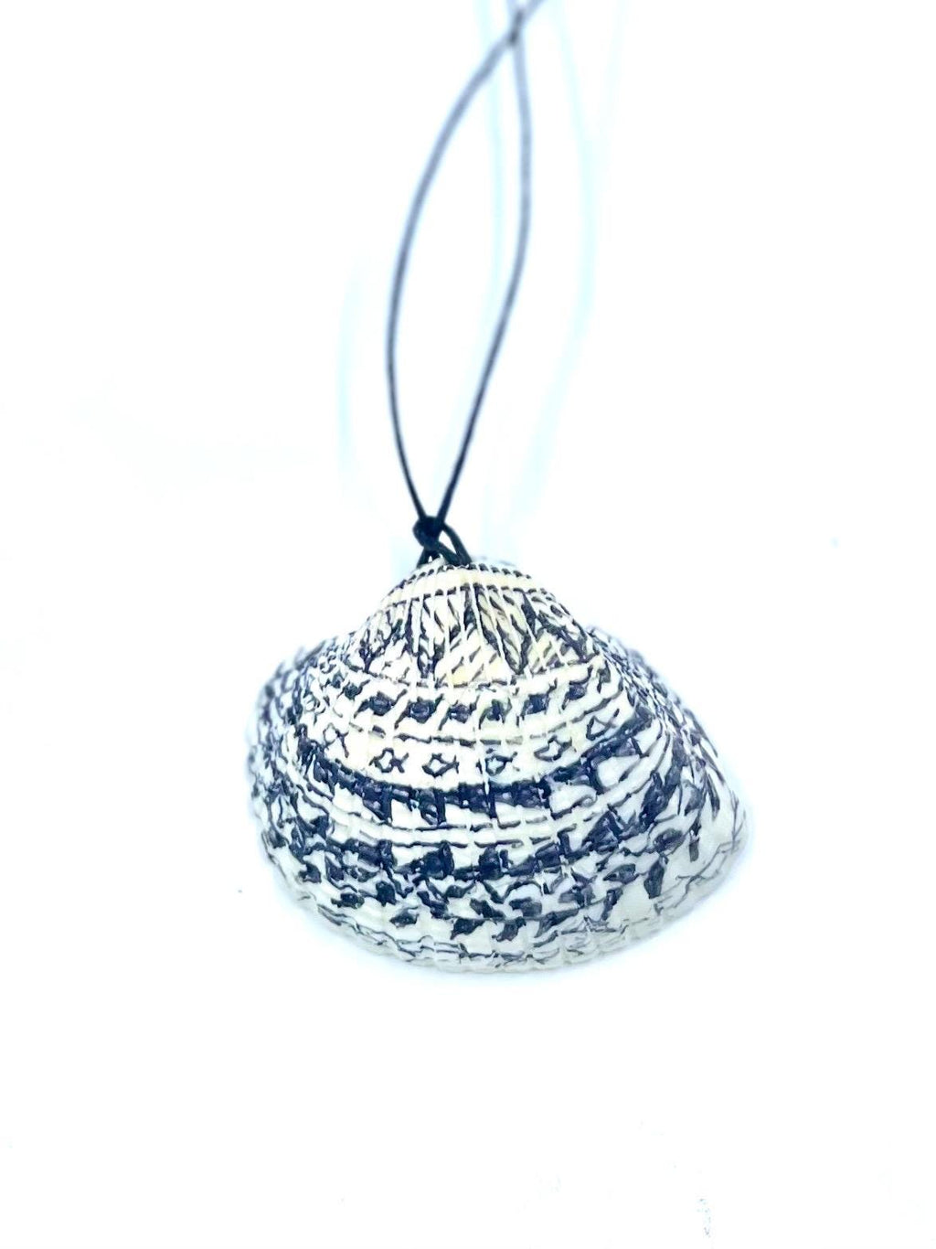 Gray Seashell Pendant with Black Decorations, Black Sharpie on Gray Clam Shell, Large Ocean accessory Pendant, Handrawn Real Shell Necklace