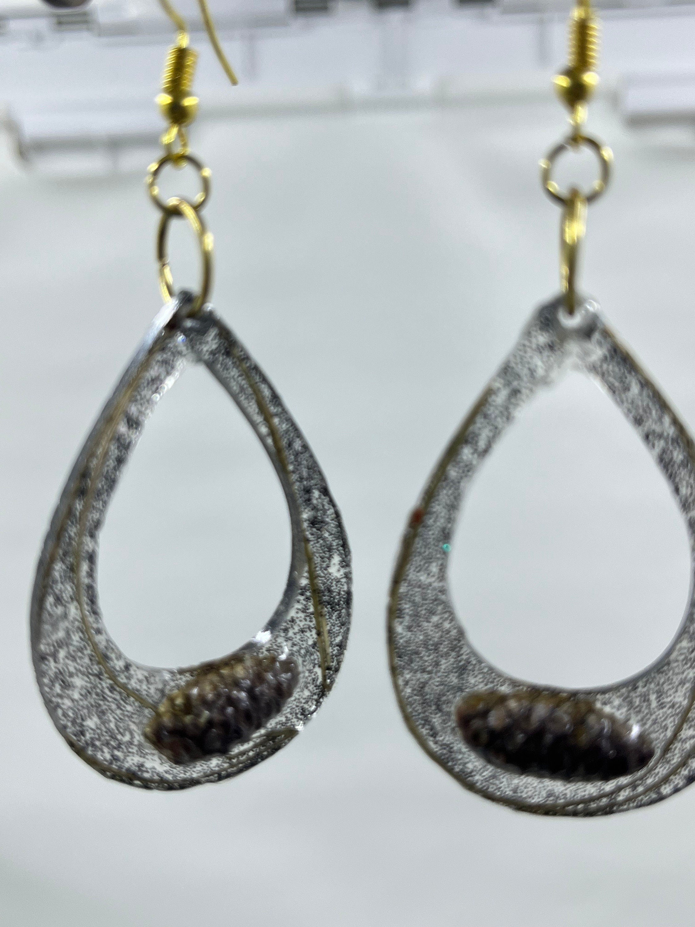 Pinecone & Pine Needle Resin Earrings, Black Glitter Teardrop Dangle, Natural Boho Jewelry, Unique Cottage Core Handmade Gift