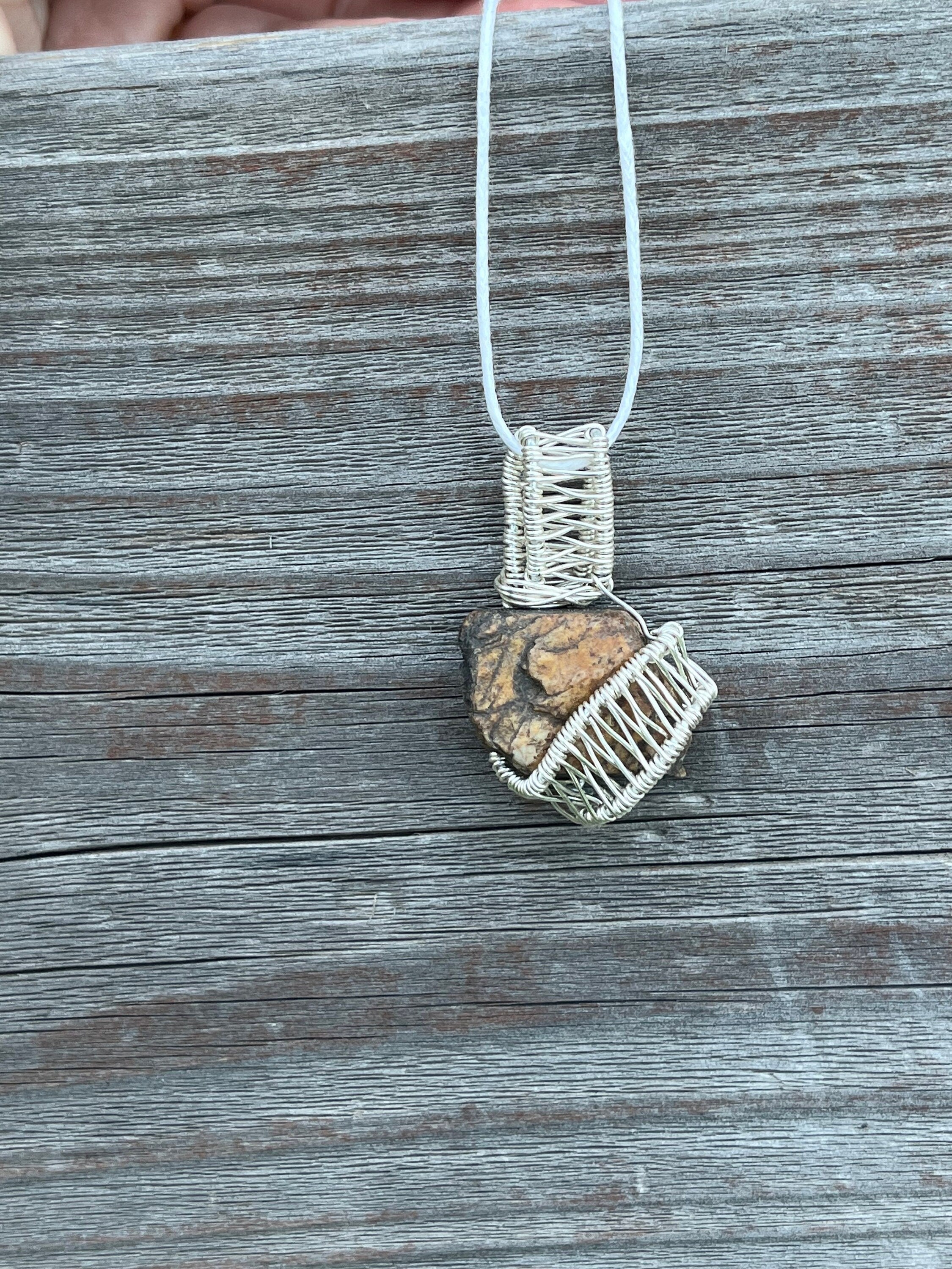 Warm Toned River Stone Necklace | Wire Wrapped Natural Pendant