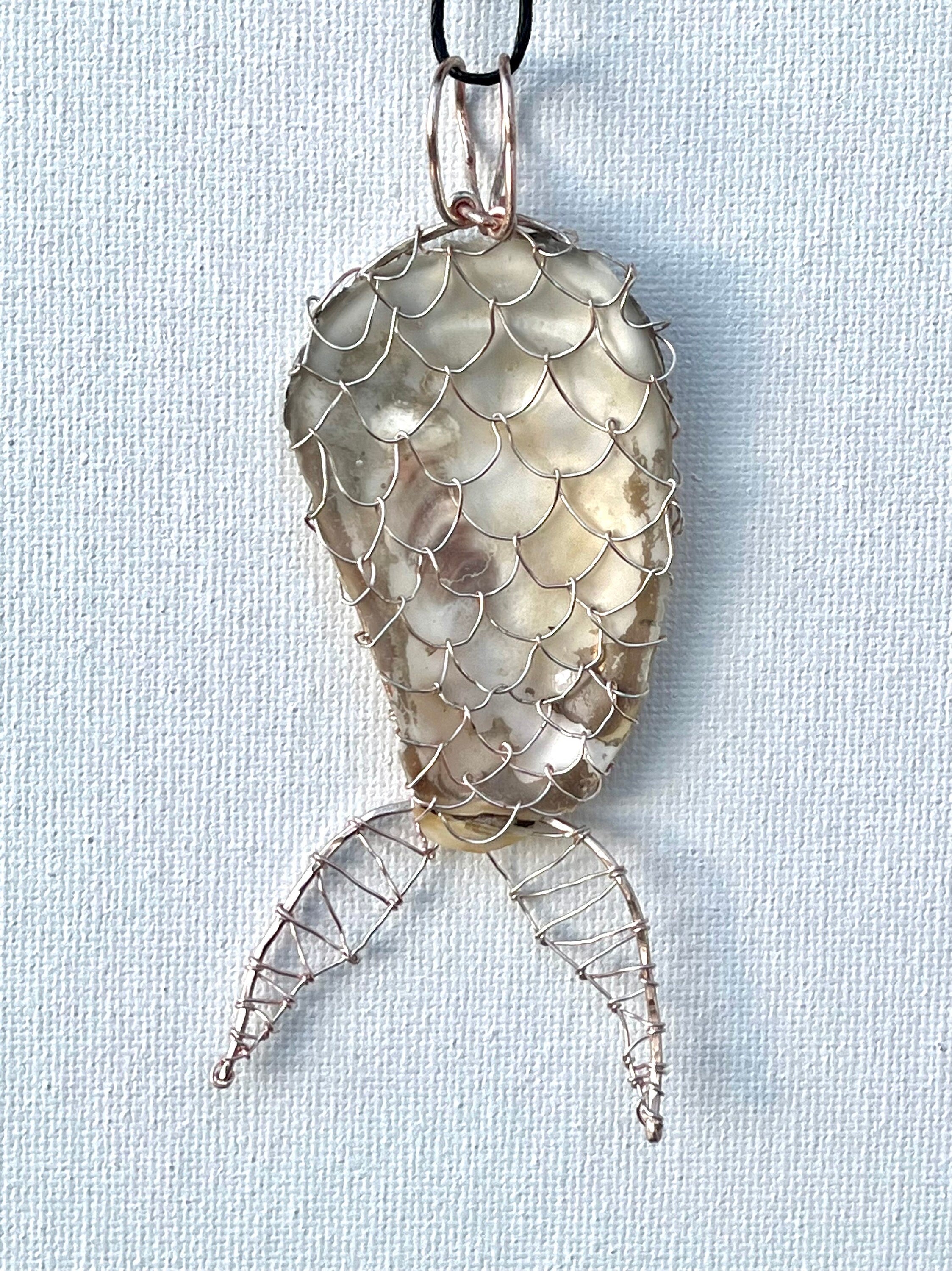 Mermaid Tail Pendant, Wire Wrapped Natural Shell Accessory, Real Oyster Shell with Simple Wire Wrap