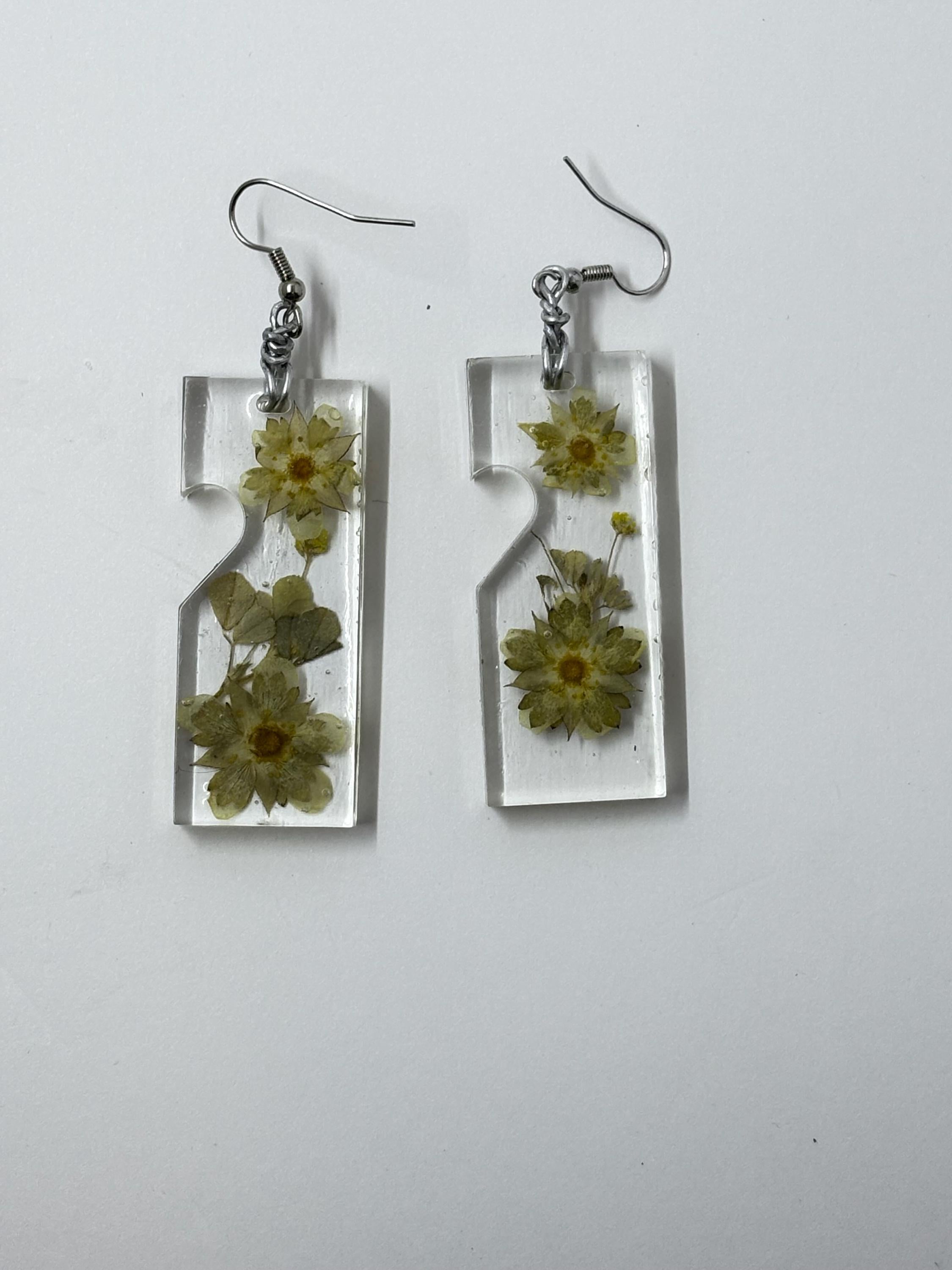 Yellow Flower Earrings, Cinquefoil Blooms in Resin, Heart Cut Out Shape, Unique Botanical Jewelry, One of a Kind Gift for Her