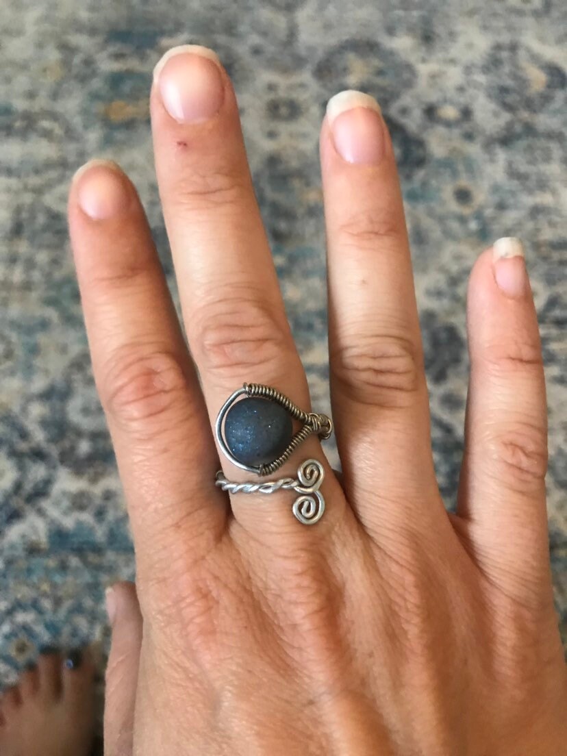 Blue Agate Wire Wrapped Ring | Adjustable Boho Ring