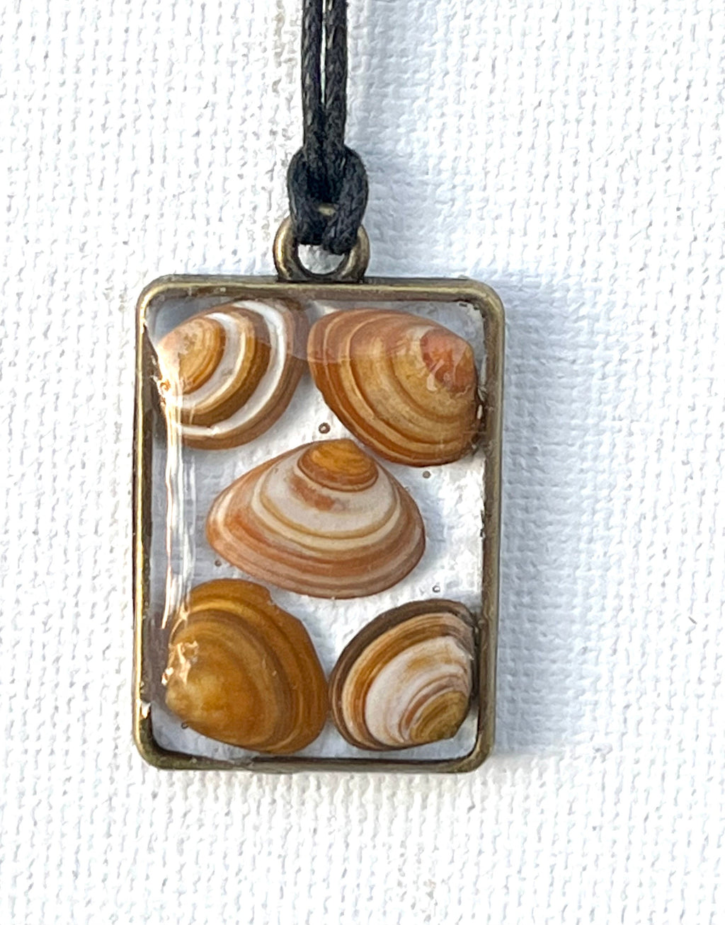 Authentic Orange Petite Seashells in Resin Necklace, Neutral Orange Brown Shells in Rectangle Resin Pendant, Ocean Jewelry for Women
