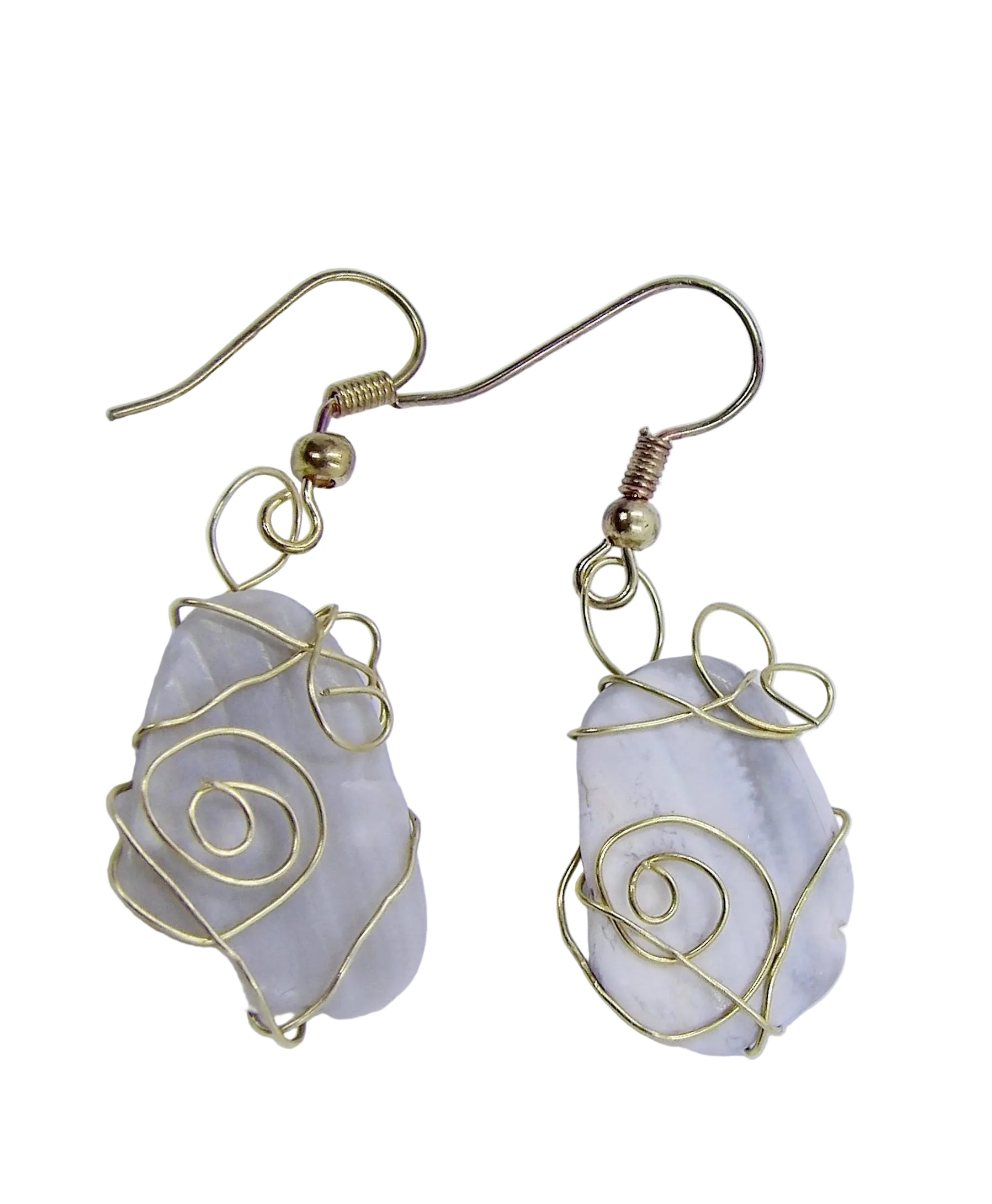 Gold-wire wrapped earrings with gray shell on white background