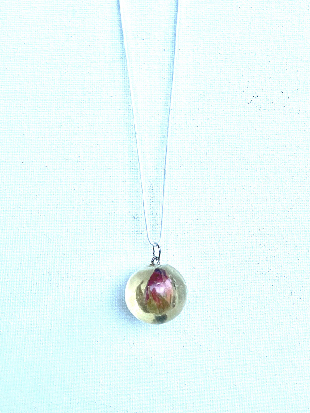 Real Rose Necklace, Spherical Resin Pendant with Flower, Magenta Rosebud Jewelry, Botanical Pendant, Pink Floral Necklace
