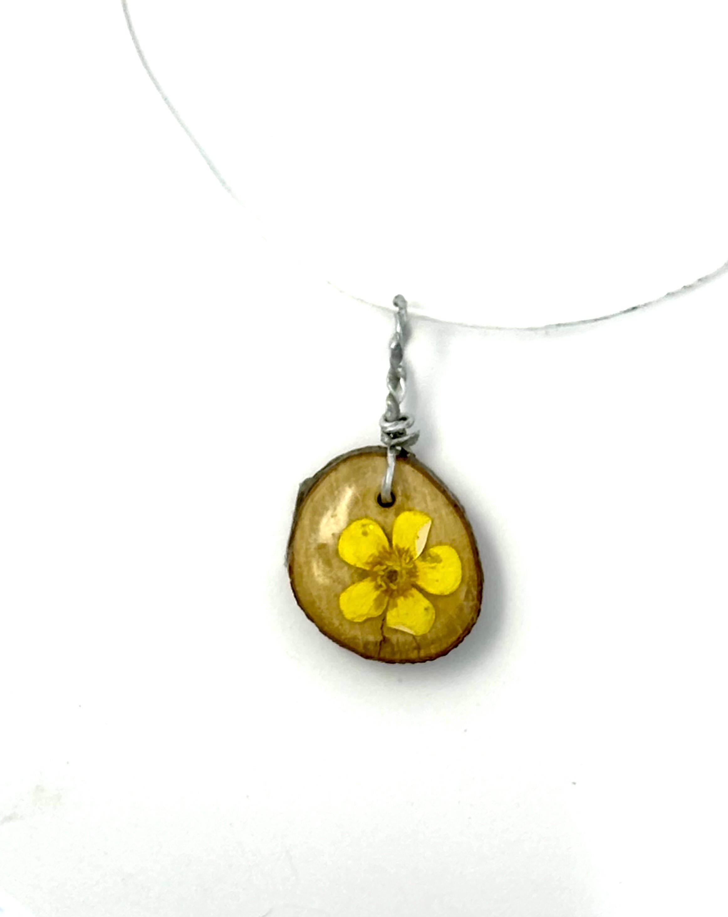 Buttercup Necklace, Yellow Flower on Wood Slice Pendant, Unique Botanical Jewelry, Cheerful One of a Kind Gift for Her