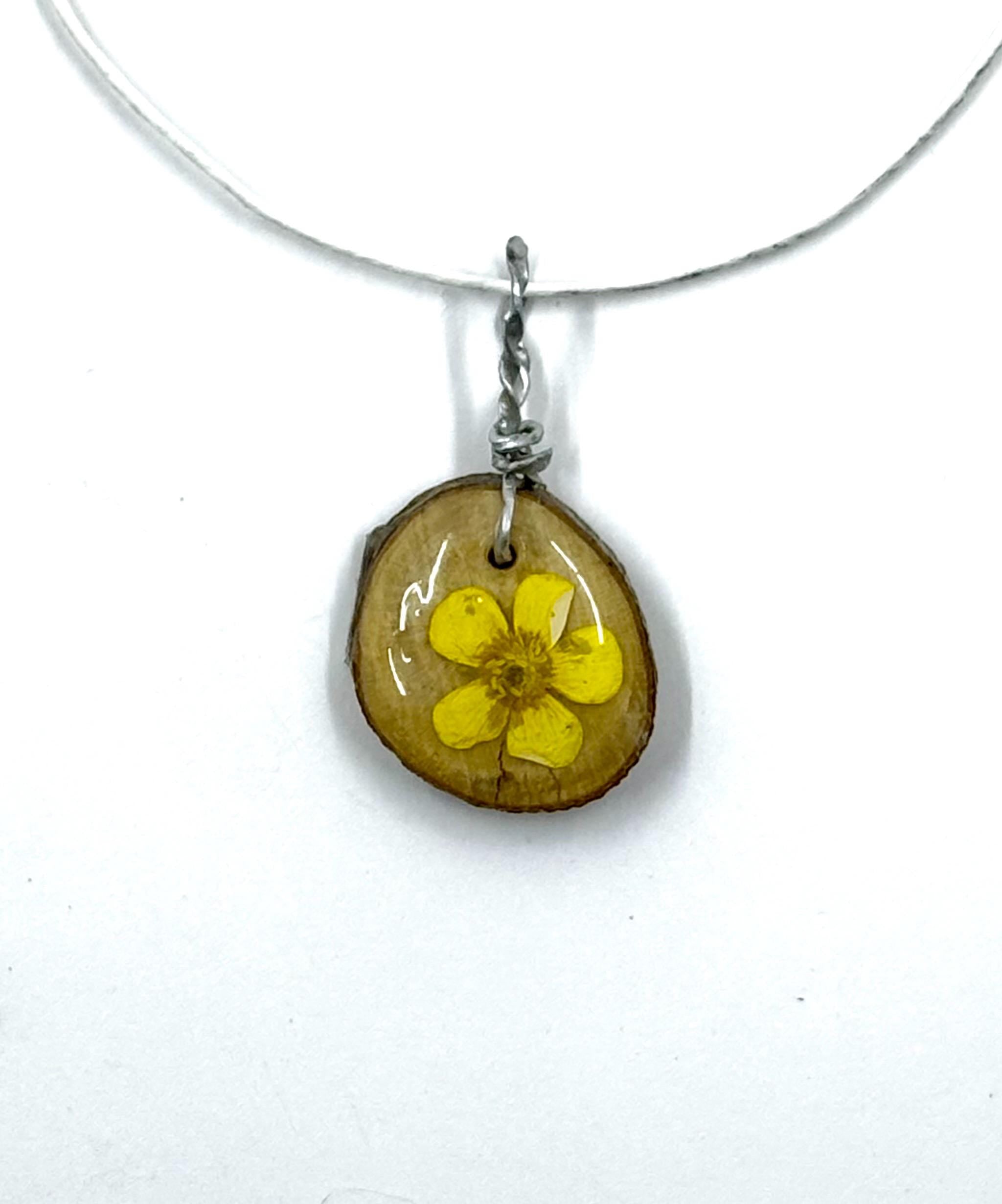 Buttercup Necklace, Yellow Flower on Wood Slice Pendant, Unique Botanical Jewelry, Cheerful One of a Kind Gift for Her