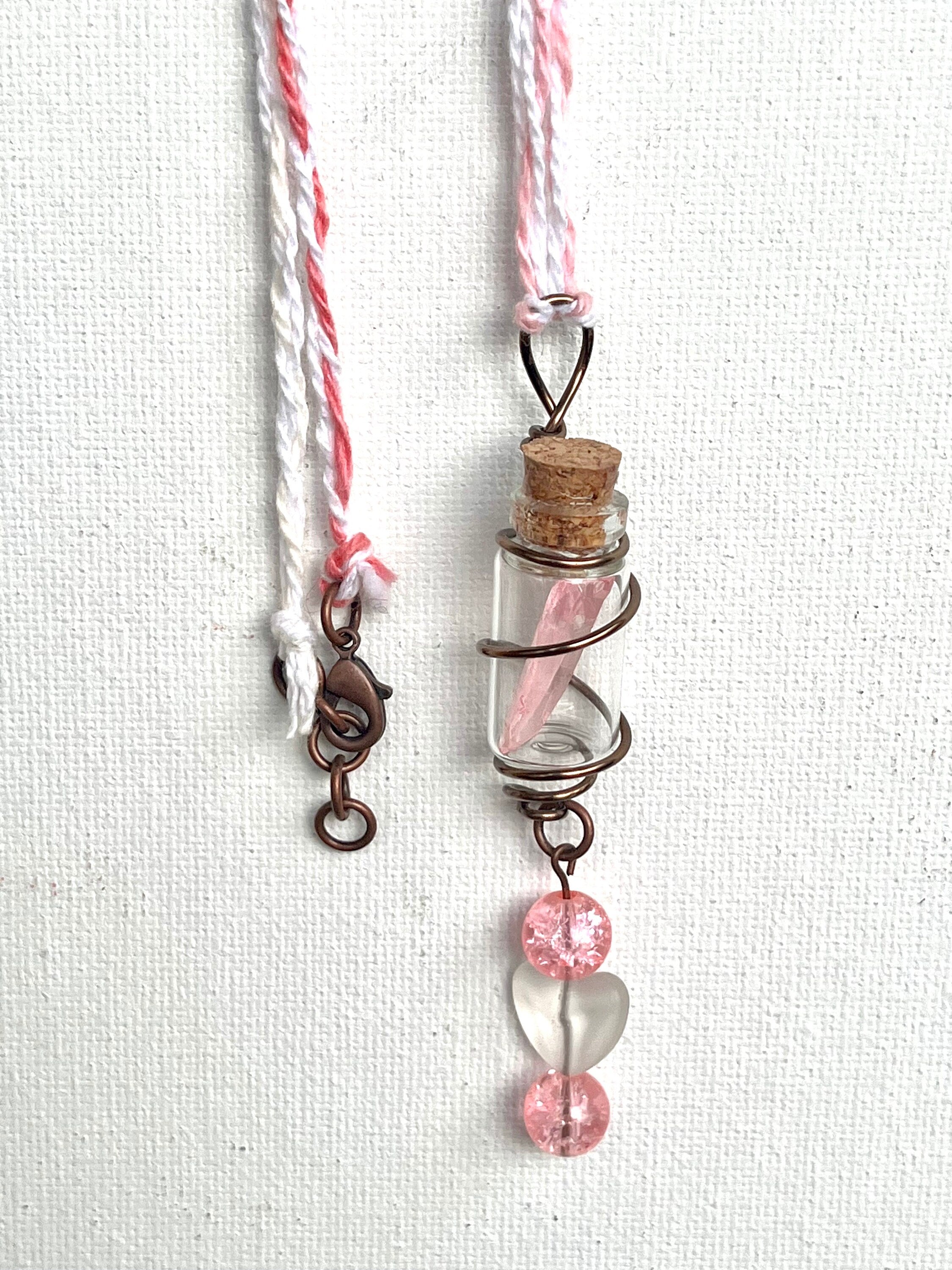 Pink Quartz Bottle Necklace | Mini Glass Vial Pendant | Romantic Heart Jewelry