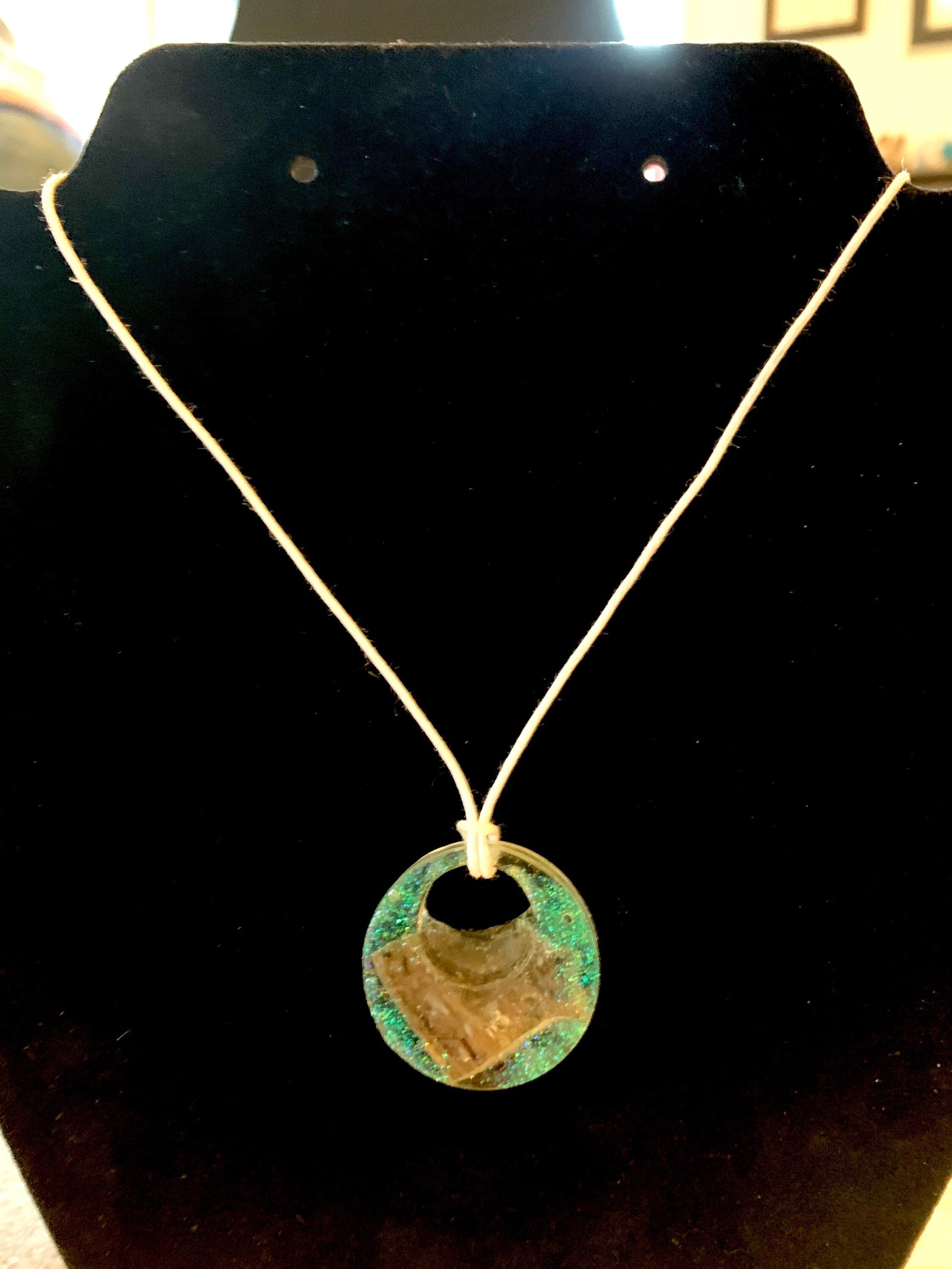 Wooden Resin Pendant | Green Glitter Resin Necklace