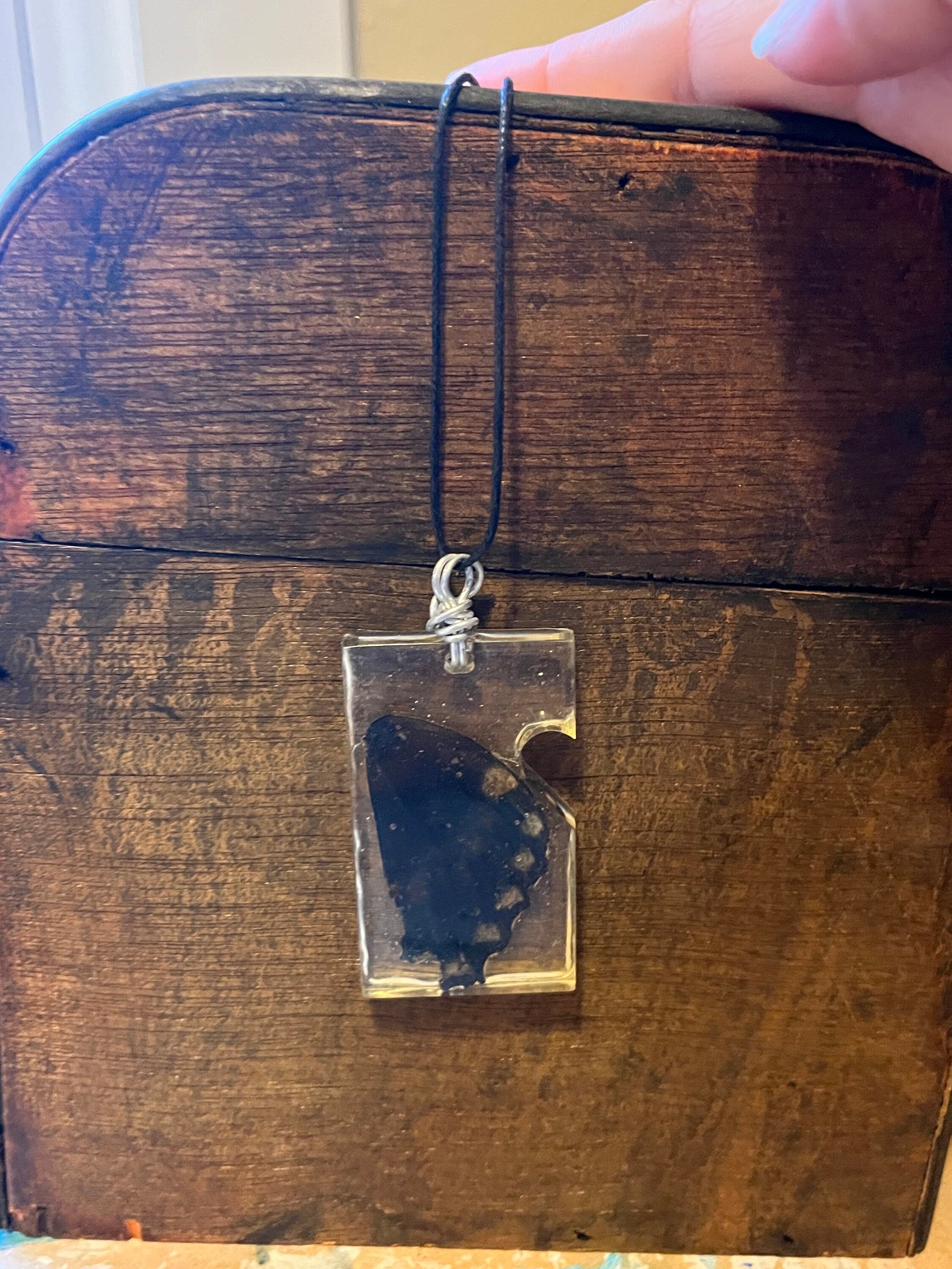 Butterfly Wing in Resin Pendant Necklace, Wing in Resin Pendant, Gift for Insect Lover, Rose Gold Colored Wire Wrap Pendant