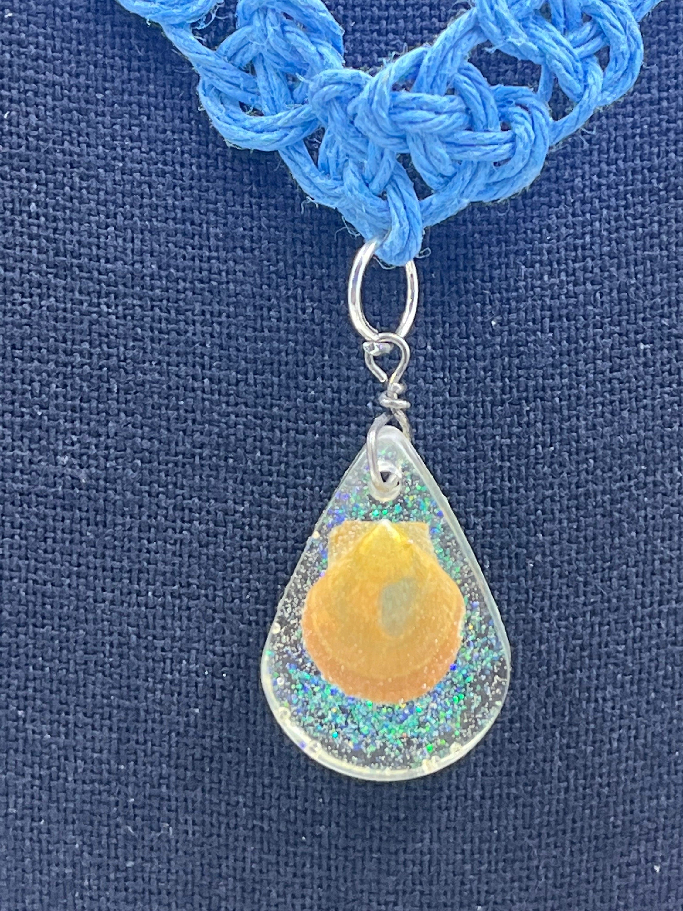 Petite Orange Shell in Resin Pendant, Blue Hemp Macrame Necklace, Josephine Knot Cord, Seashell Teardrop Pendant, Mermaid Core Ocean Jewelry