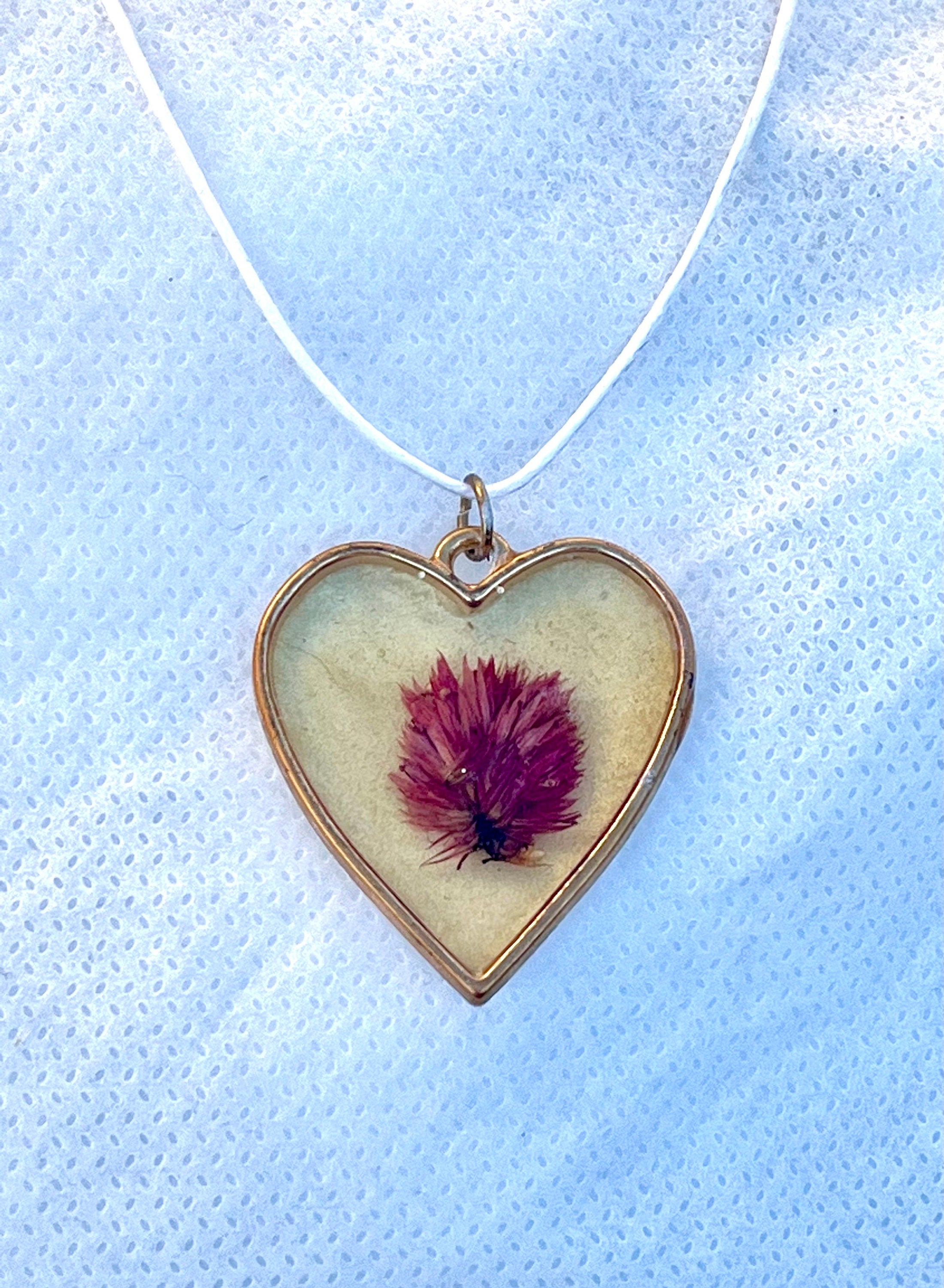 Floral Heart Resin Pendant Necklace, Wearable Art Pendant, Gold and Floral Necklace, Boho Jewelry, Nature Inspired