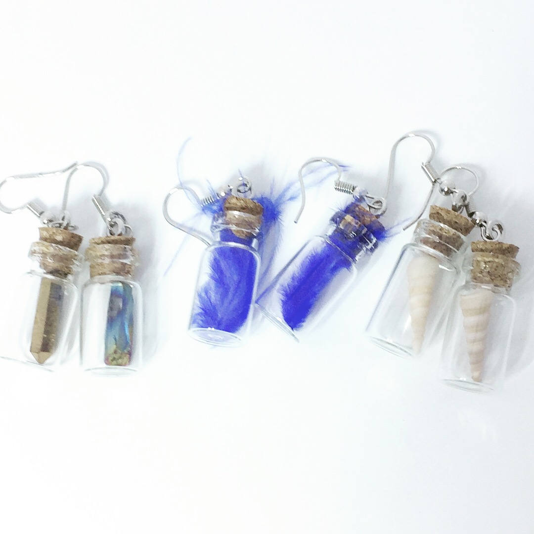 Feather Earrings | Blue Glass Bottle Drops