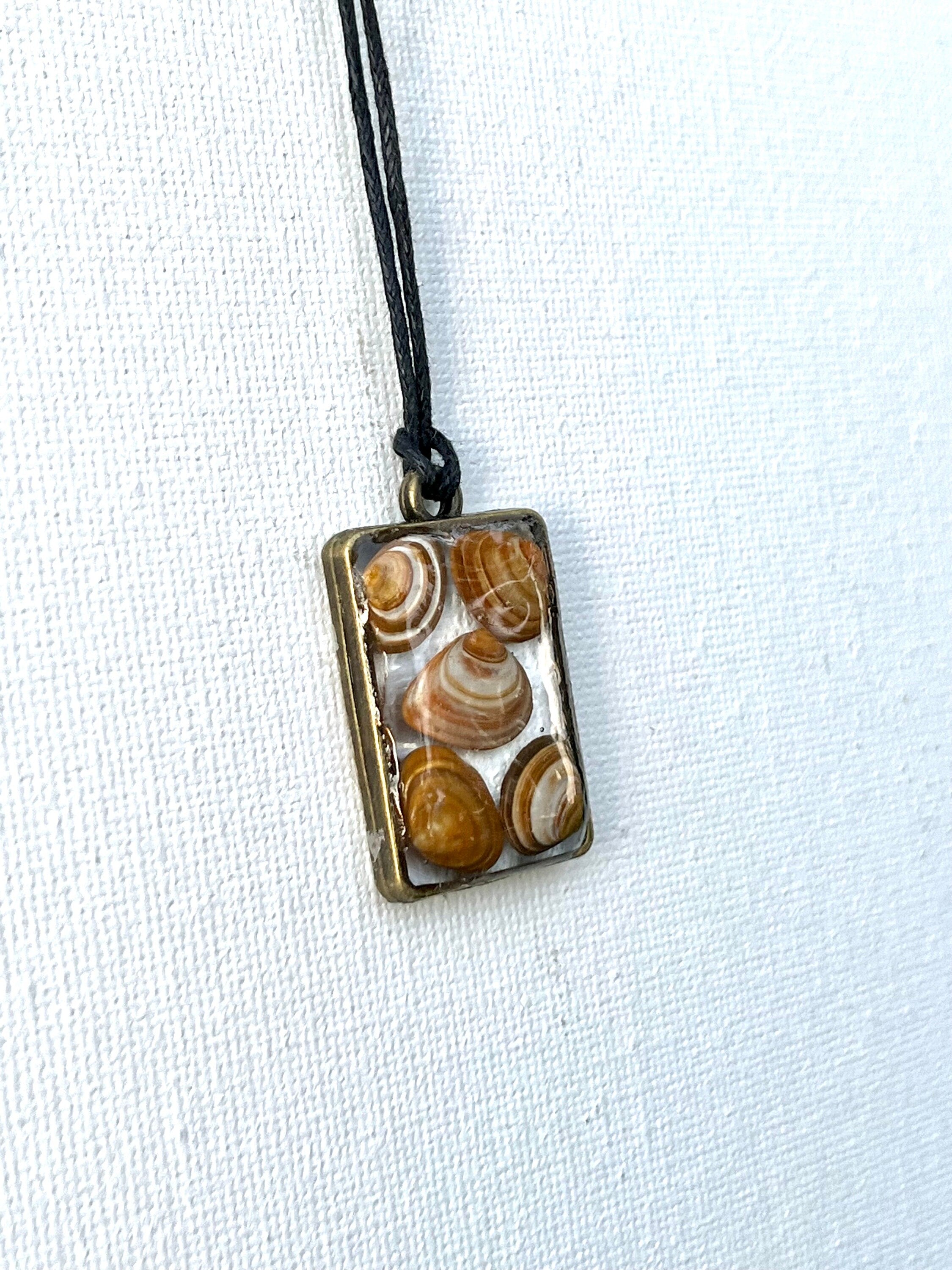 Authentic Orange Petite Seashells in Resin Necklace, Neutral Orange Brown Shells in Rectangle Resin Pendant, Ocean Jewelry for Women
