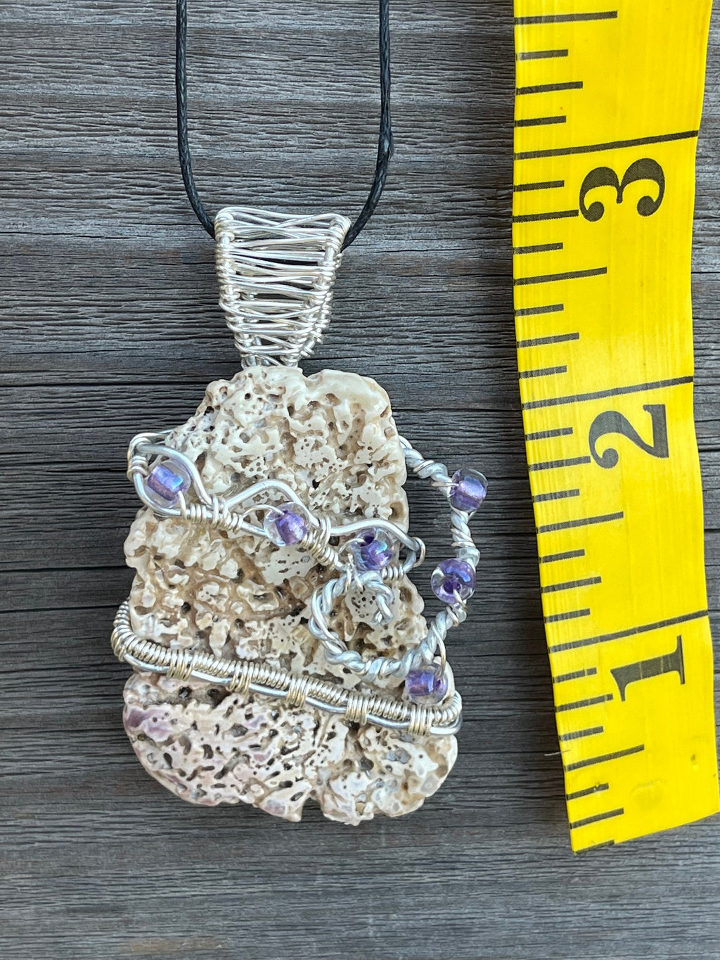 Shell Fragment Necklace | Wire Wrapped Shell with Purple Beads Pendant