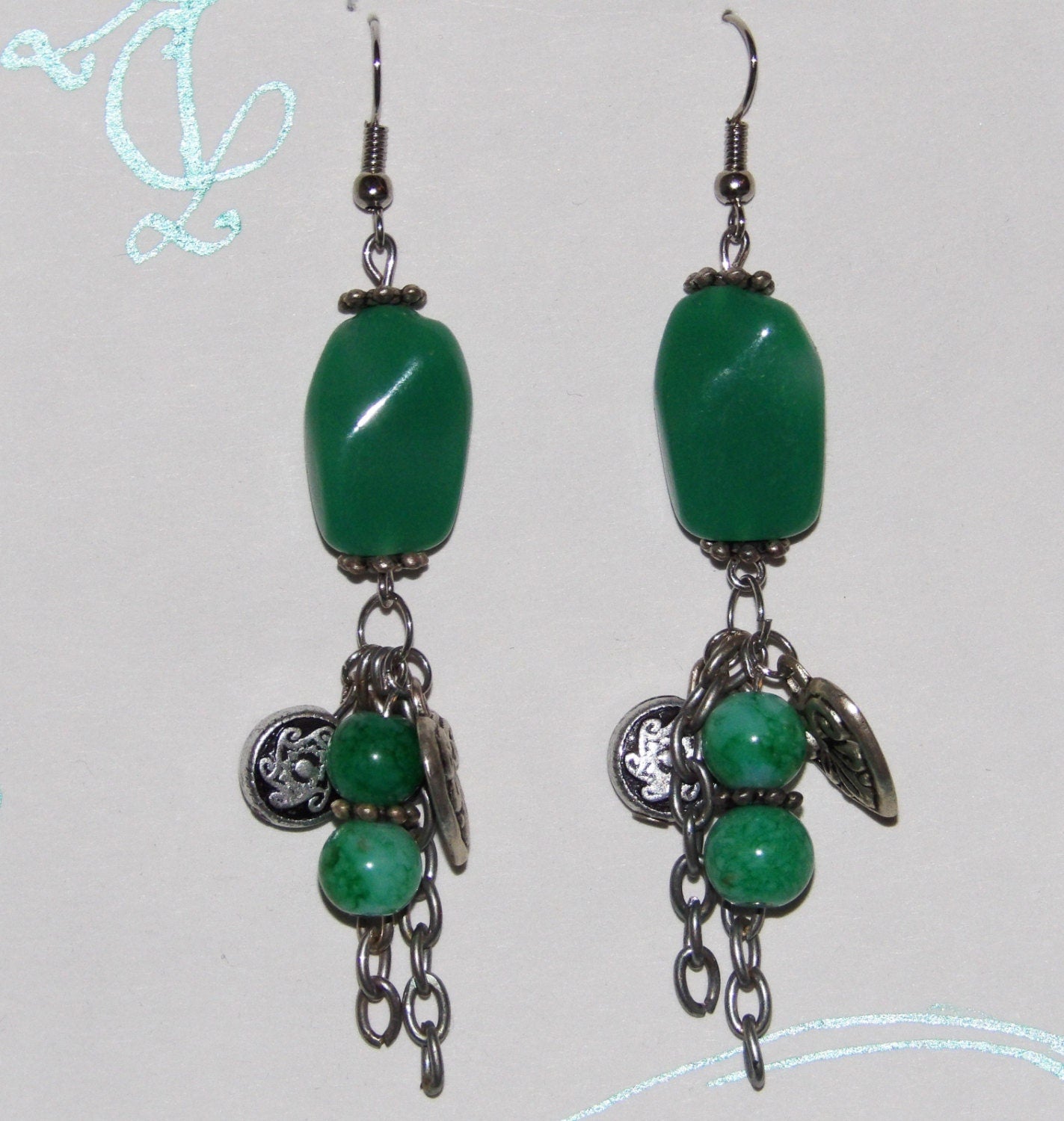 Bead Dangle Earrings | Jade Colored Drops with Charms