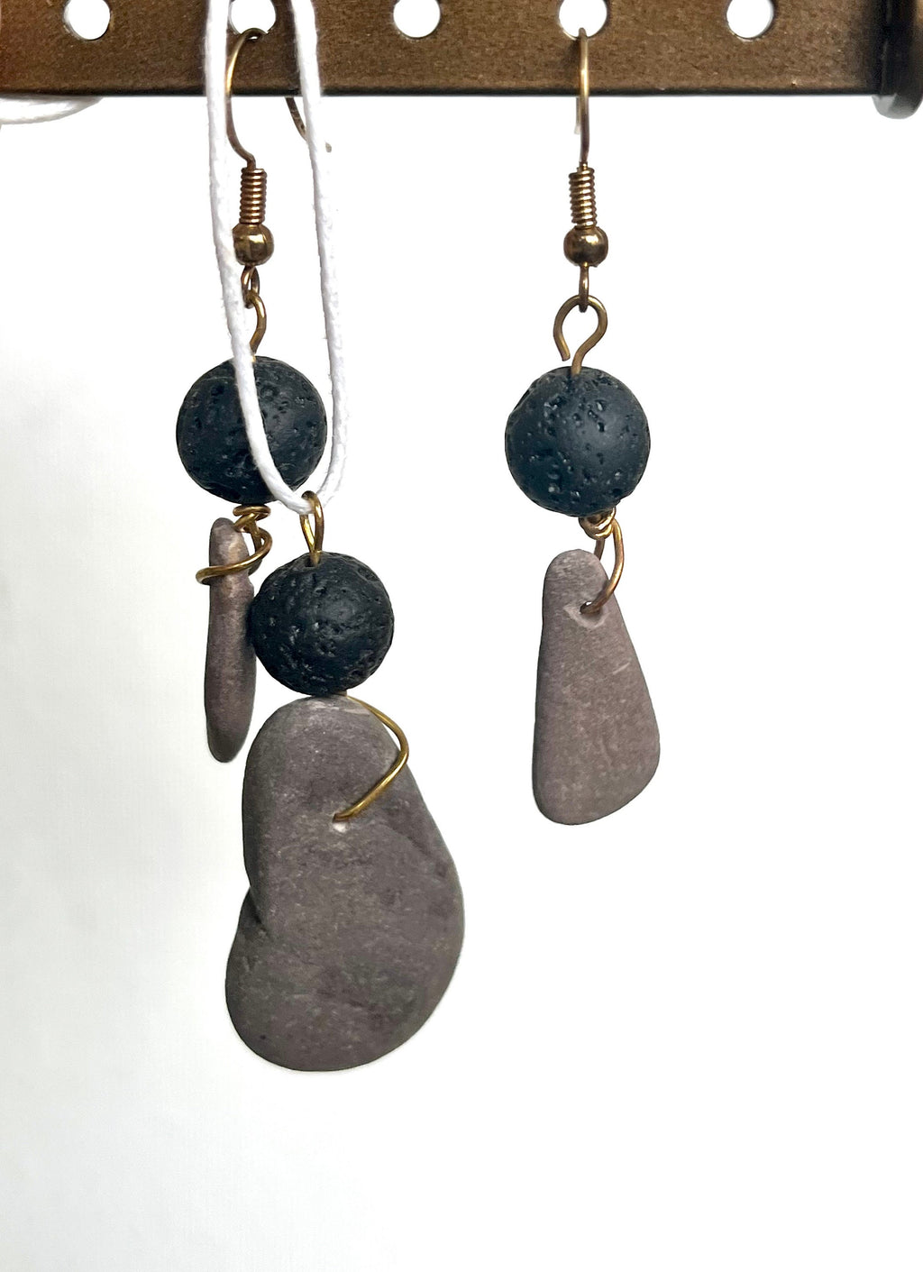 Volcanic Beads and River Rock Matching Set, Earrings and Matching Smooth River Stone and Aromatherapy Friendly Volcano Stone Beads