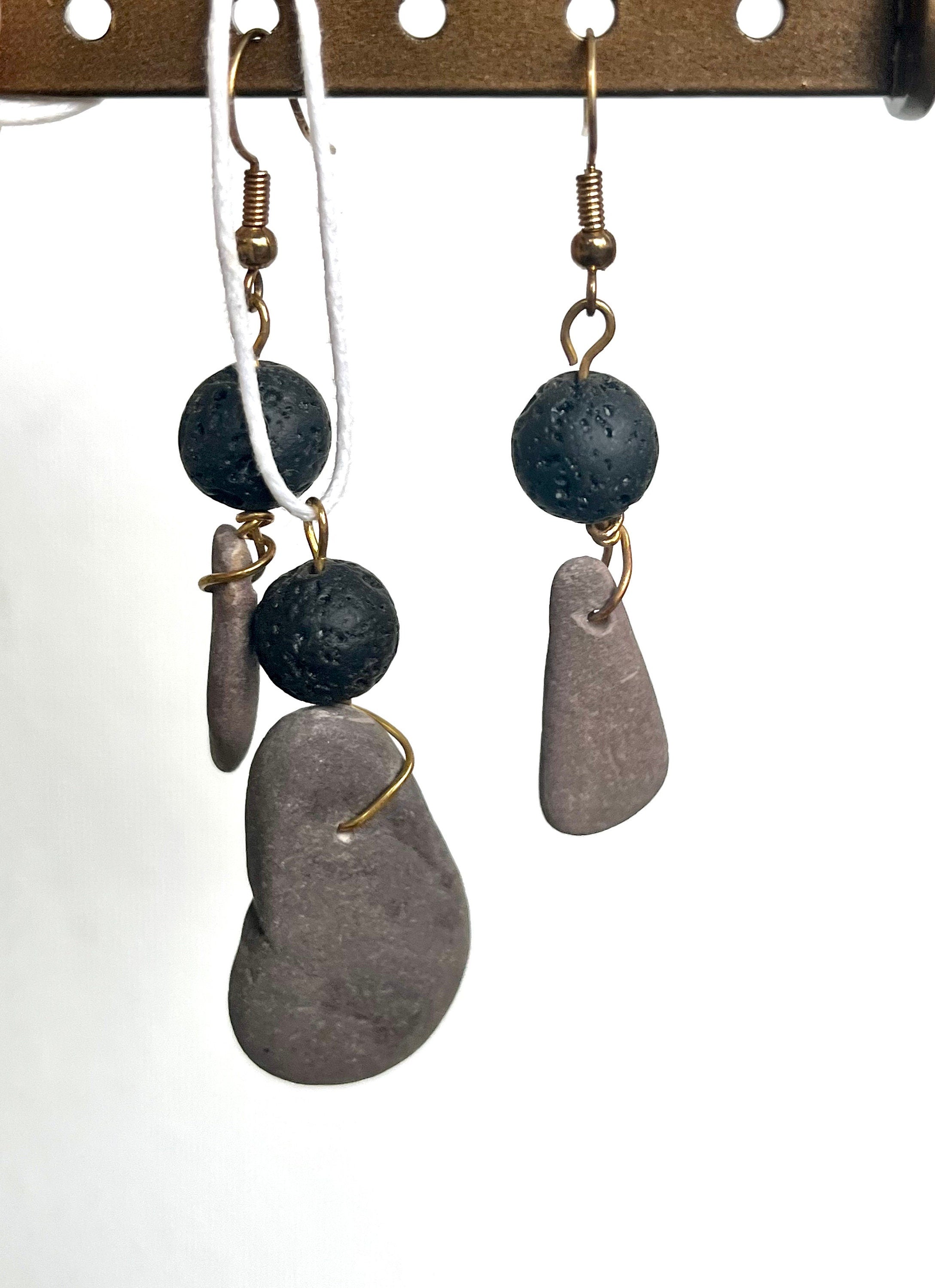Volcanic Beads and River Rock Matching Set, Earrings and Matching Smooth River Stone and Aromatherapy Friendly Volcano Stone Beads