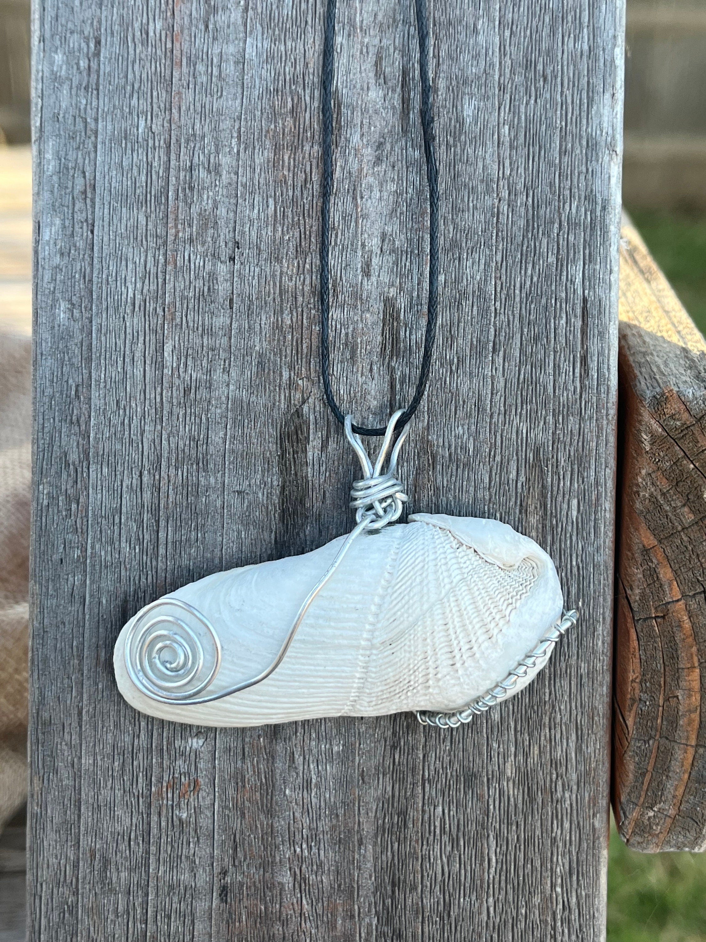 Wire Wrapped Natural Shell Pendant, Split Pattern Shell Necklace with Simple Wire Wrap, Beach Jewelry, Angel Wing Shell Pendant for Her