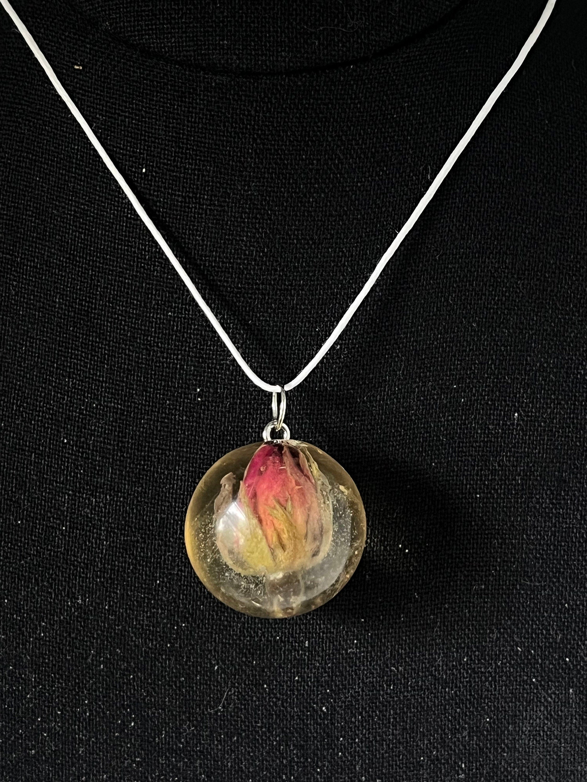 Real Rose Necklace, Spherical Resin Pendant with Flower, Magenta Rosebud Jewelry, Botanical Pendant, Pink Floral Necklace