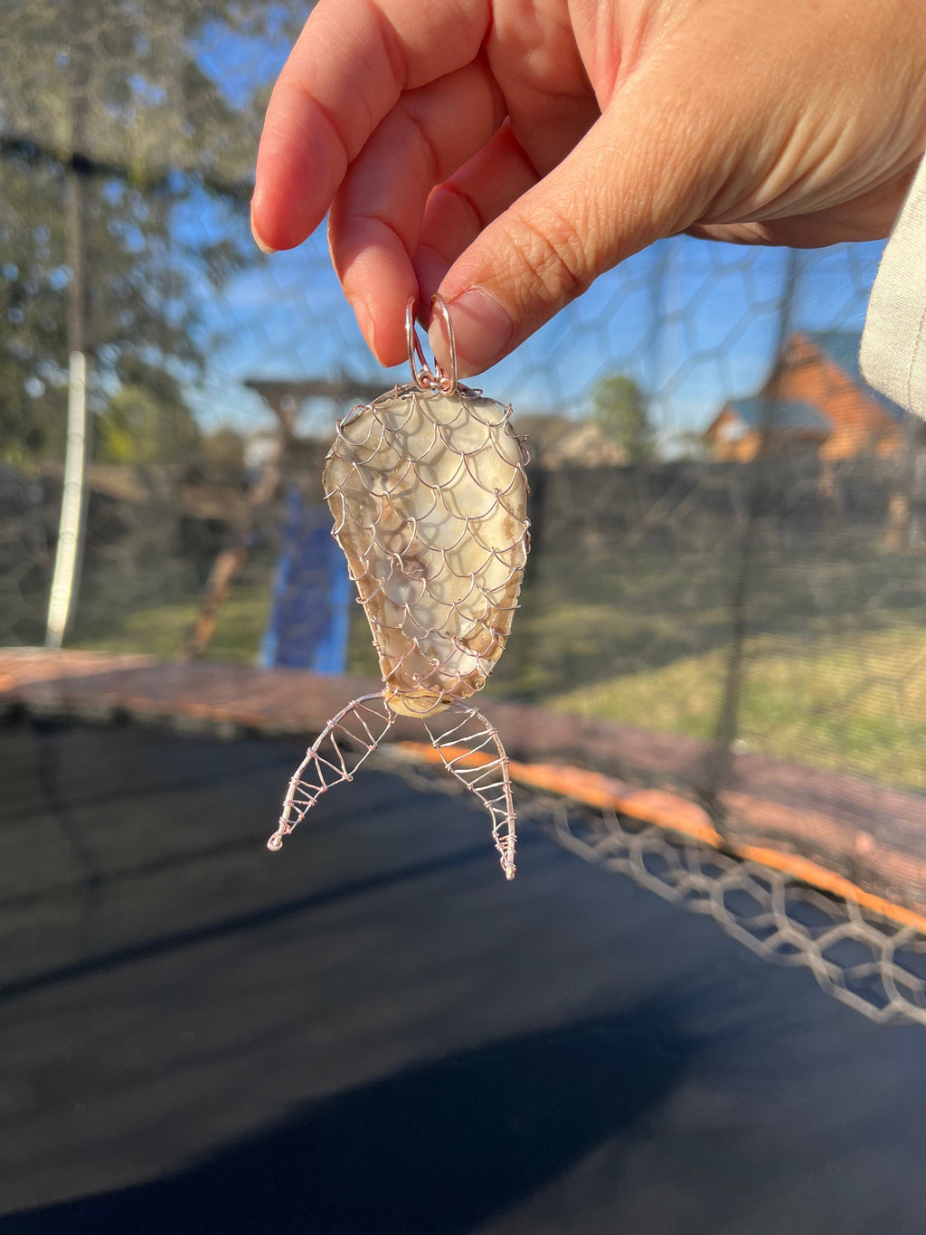 Mermaid Tail Pendant, Wire Wrapped Natural Shell Accessory, Real Oyster Shell with Simple Wire Wrap