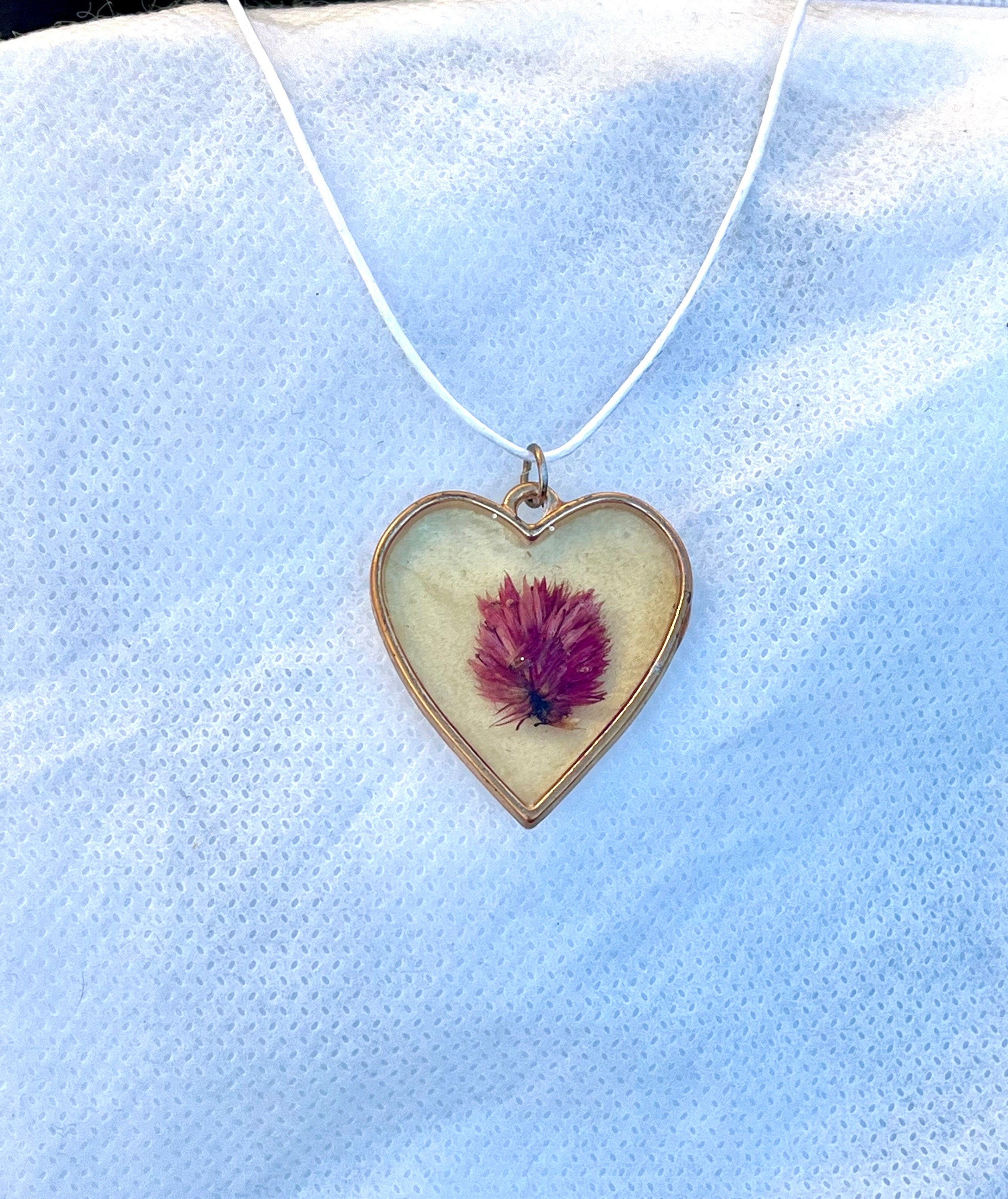 Floral Heart Resin Pendant Necklace, Wearable Art Pendant, Gold and Floral Necklace, Boho Jewelry, Nature Inspired