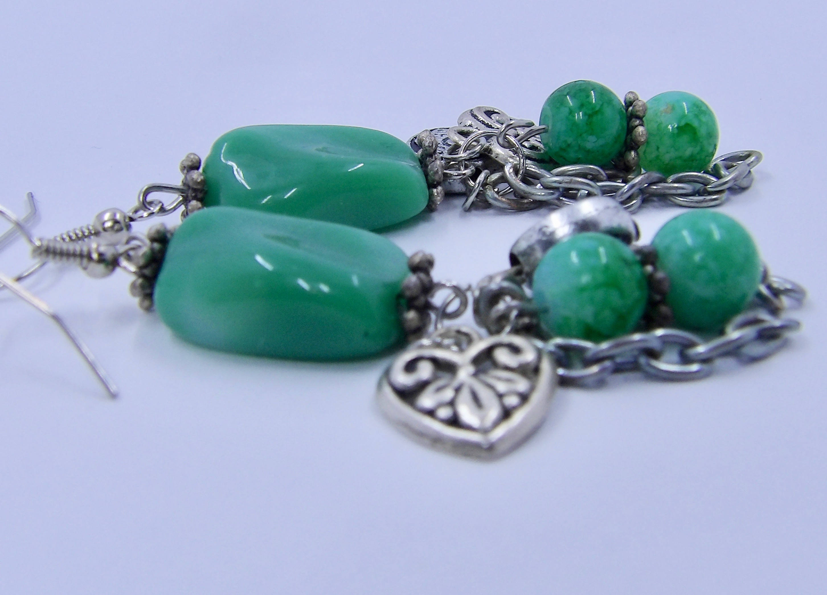 Bead Dangle Earrings | Jade Colored Drops with Charms