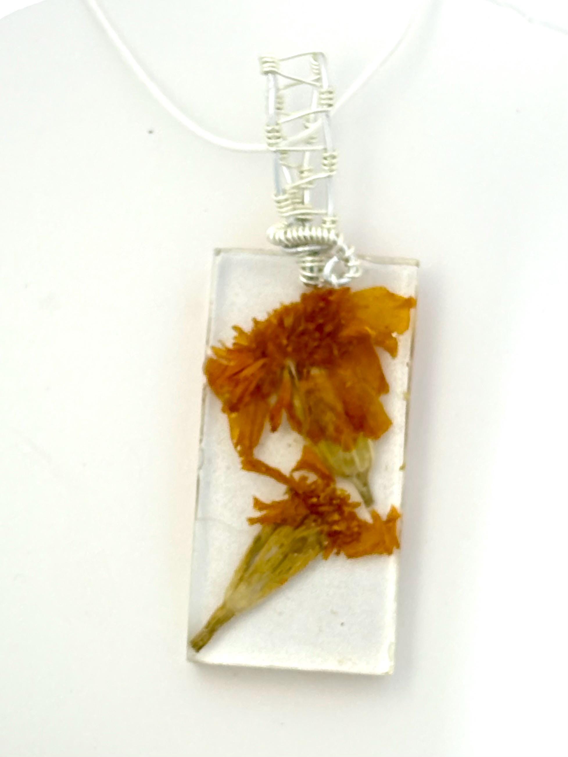 Marigold Necklace, Wire Wrapped Pressed Flower in Resin Pendant, Botanical Jewelry, Natural Bohemian Style, Gift for Her