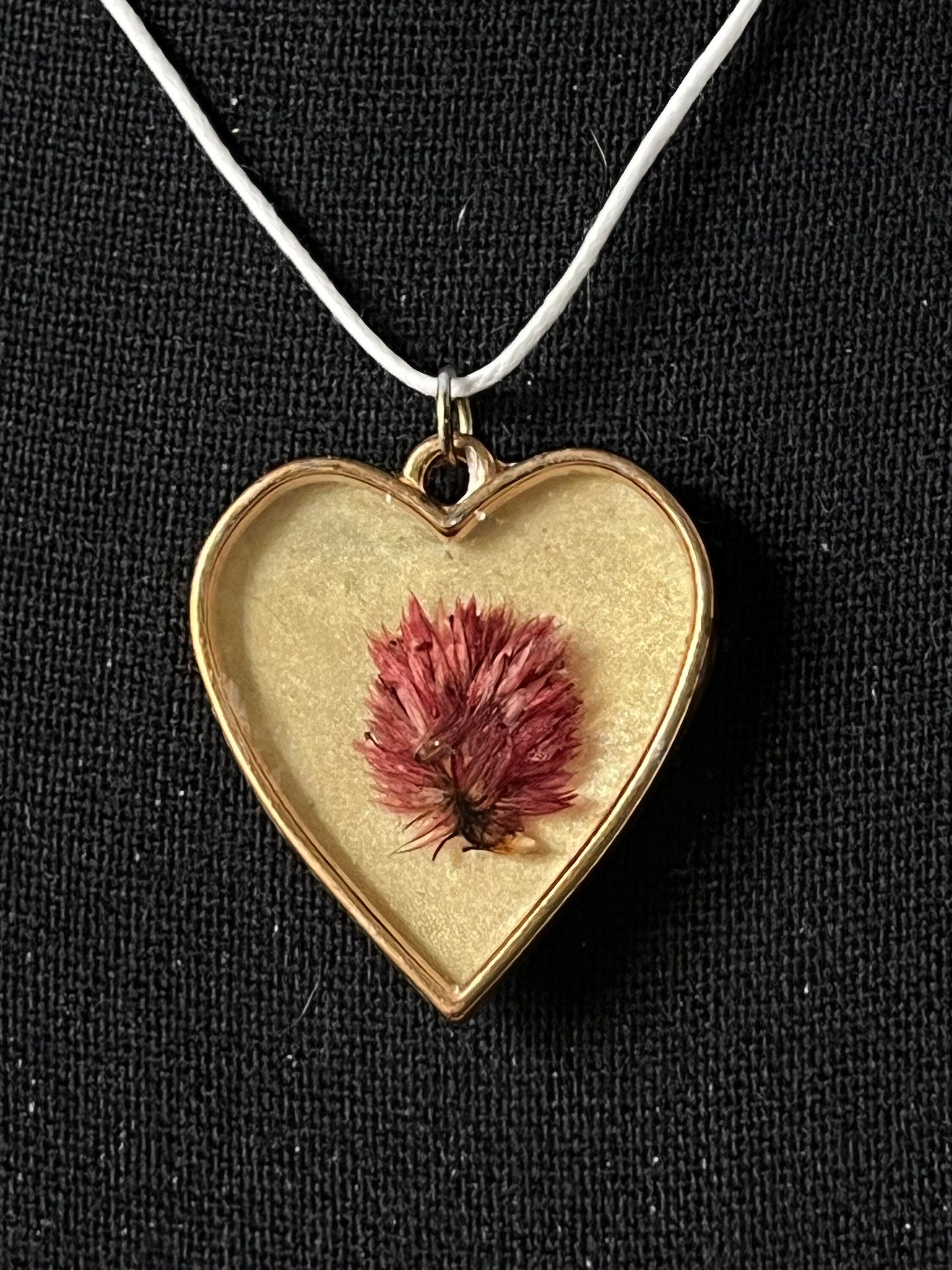 Floral Heart Resin Pendant Necklace, Wearable Art Pendant, Gold and Floral Necklace, Boho Jewelry, Nature Inspired