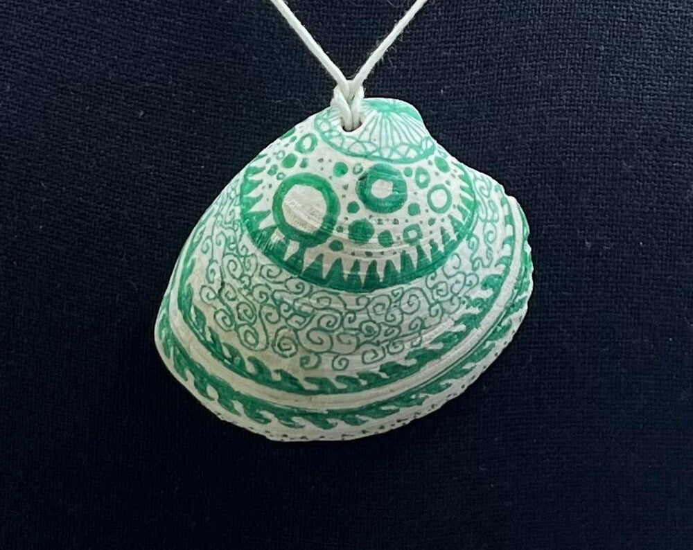 Green Decorated Shell Pendant, Real Seashell Necklace with Handdrawn Design