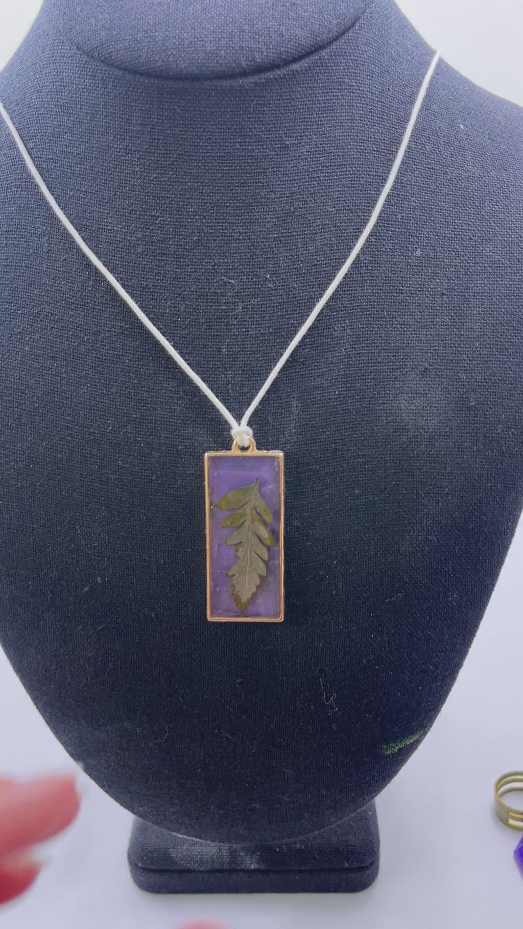 Fern Leaf Necklace | Framed Resin Leaf with Purple Background